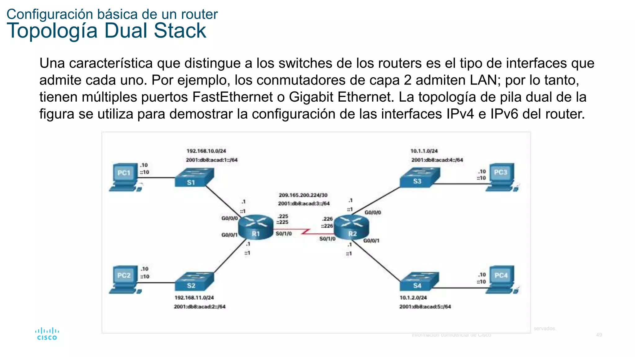 49
© 2016 Cisco y/o sus filiales. Todos los derechos reservados.
Información confidencial de Cisco
Configuración básica de un router
Topología Dual Stack
Una característica que distingue a los switches de los routers es el tipo de interfaces que
admite cada uno. Por ejemplo, los conmutadores de capa 2 admiten LAN; por lo tanto,
tienen múltiples puertos FastEthernet o Gigabit Ethernet. La topología de pila dual de la
figura se utiliza para demostrar la configuración de las interfaces IPv4 e IPv6 del router.
 