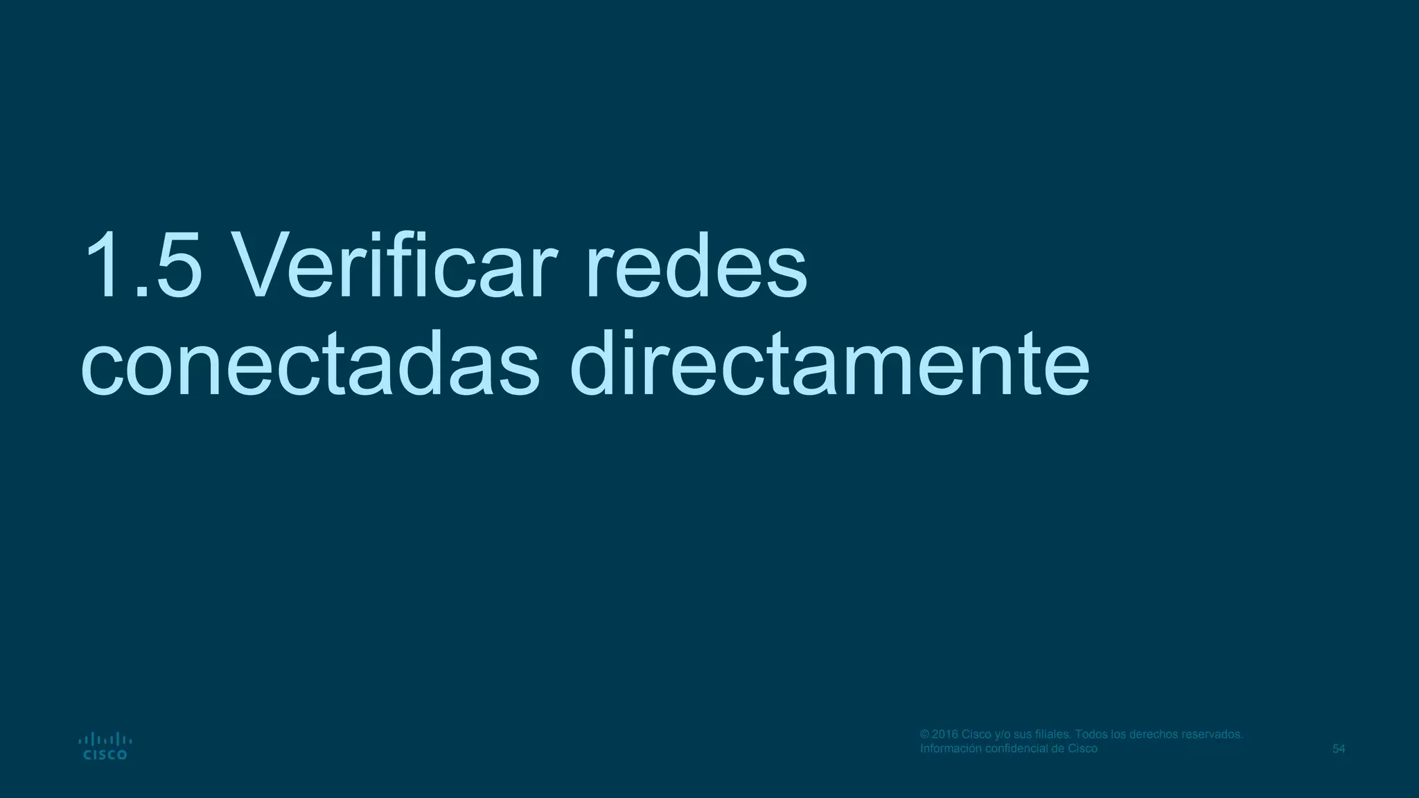 54
© 2016 Cisco y/o sus filiales. Todos los derechos reservados.
Información confidencial de Cisco
1.5 Verificar redes
conectadas directamente
 