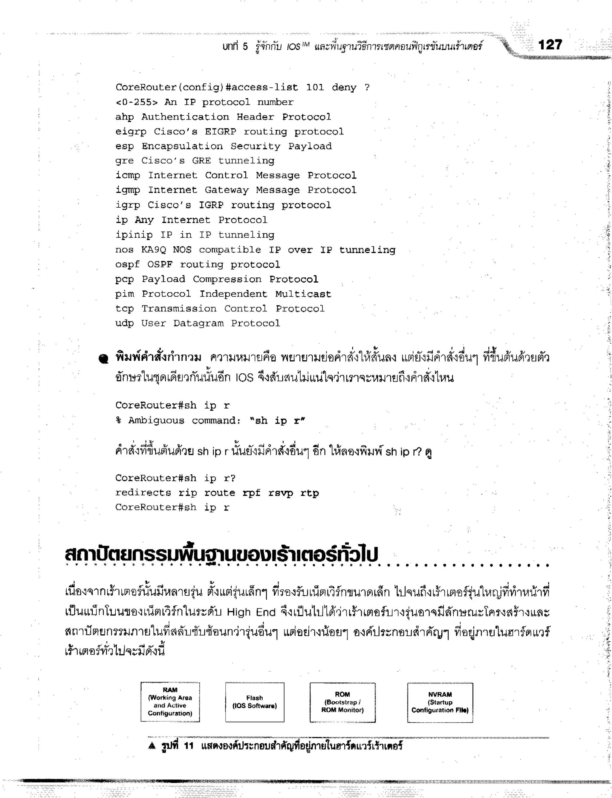 unfr5 #dhriu
tosiMun;fr
usrulintttsnnauilnrtu=uuurf,lrprsf
'llq,, 127
'i{rfirttsrlsllMhMuillillltw
,;
j
',
CoreRouter (config) #access-fist 101 deny
<0-255> An IF protocol number
ahp AuthenEicaEion lleader ProEocol
eigrp Cisco's EIGRP routing protocol
esp EncapsuLatiorr Security Payload
gre Cisco's GRE tunneling
icmp Internet Control Message Protocol
igmp Internet cateway Message Protocol
igrp Cisco's IGRP rouEing protocoL
ip Any Internet Protocof
j.plnr-p IP an -LP tunnelang
nos KA9Q NOS compatible IP over fP tunneling
ospf OSPF routing proEocol
pcp Payload Compression ProEocol
pim Protocol Independent. MufEicast
tcp Transrnission Control Frot.ocol
udp User Datagram Protocol
q c ' * ' 4 , " J " ' ? , - a " I J i * ' '
T Y{ilv{n1fi{n.ln?il At',tilll4ilrerFlo 11EJ'tEJ't}JflOFtl6'1
11,{61JA'i
ttnf i}JFl',t6'iO1J"l
ylfllJFtltFteflFle
en:*rluqnr
rfifl,rniil#ud
n IoS 6'rdr autil uillq.ir rnssurJ
1flfi.id1ffttuu
CoreRouter#sh ip r
& Ambiguous commandr "sh ip r"
" ; i g * * 3 - a " * a i d q e
Fl'rf illfluFruFtlfl sh tp r lJlJ€l'ixJFt',tf
iolt"] on tuno{yiu? sh ip ff fl
CoreRouter#sh ip r?
redirects rip route rpf rsvp rt,p
CoreRouter#sh ip r ,.
J u e u - a r r c 4 v d h '
tilo'lq'rntfruneiriuilraarr{u
d"rurigurfinl
firo'rfl:.rninru4flnlurprrfin'lrlquf
ir#rrmoflquhar!frvitarirfi
tfluurinTuuso'rulimrAfnlurrd'r
Highrno 6'rufliutr-l1fr.irr#rrmofr-l'r'iquo1sfid'nururTn?'idffr'irLn
q . J v v t u ' , 4
s{il'rflnErnmilfl1Er"Lilfr'dd'r:{ll#aun'jriudul
*riaeir,rrioul
o'rri'rJrtrno!d'r6'rp-l
froqjnru"[ua'rflnurf
q . " l u ' o - J
!f'lrflo?n? tuqgilFhl1J
u
-*
-*l
(B@tstrFF
I I
RoM M0r(o4,1
l"-;;--l
| {startuo I
L:ffirlcuration
Fll.l
ilrtlt1rilrfr
j1tf1tl1111tl1j1j111j11111j1t1l111I1flii1tflllthlljlt11Xtfriiffilmmilffiffi
*, ;trd} ffi"d;itdr*"d+i,uli;
{nruluar{oue{rtrrm{
 