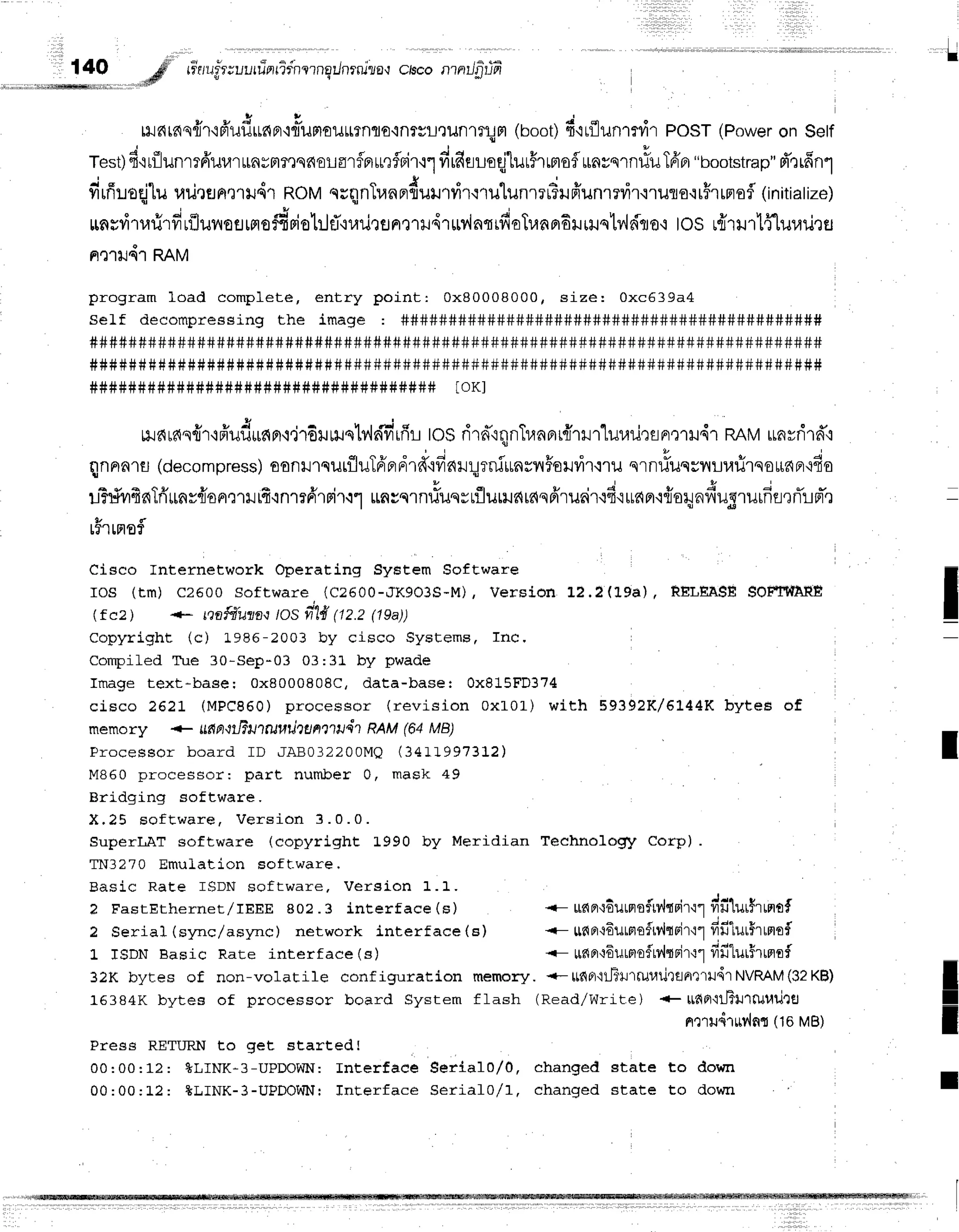 I
140 # rr*aup"r;uurrinrifnernqilnrruza,rc,sco
ntnilfififr
' . . - - - n * r . r . s t r
u u & * * , . J d
rxJd16sflf
ifrilurrfiBr,iflilFlouttrnflo,inrslj,]iln1s!Fl
(boot)f irflunlTd'r PoST (Poweron Self
i * , r , d r | J . i ' q e o
u
test)f irfllunrTfrilur
Lrn#rtresfi€LflrflFrurflrir,r1
frrfrrroqj'lurhLrtof
Lravs'lnriu
TfrBr
"bootstrap"
d'rrfin1
I
firffuoqjlu
uritentrildr RoMssqnTuaFrfruillfil.rlulunrrFuffunmvirqruro.irhrFrofl
(initiatize)
o v i c r J , q r * , J + q !
tlnflil't1,ru'111r1.Ju18fl[Fto?tmo[:Jfl,i1,ru.]flFl.t1iJq1$1arrvrolunnoiltlJq[v,ldto'r
tos r{ru'rlffhJulJ']u
NT']XJ41
RAM
program load complete, entry point: 0x80008000, size: 0xc639a4
self decompressing rhe image : ############################################
###########################################################################
###############
###########
############################################
#####
####################################
toKl
u o & q , " J c e e q I
nJ6rr{sflr'iduil*apr'l,i'rdlwq'tv'ldfrrfir
IOSri,d'rqnTr.rnBrr{rrrluuilQriFrmH4r
RAMunvnlfi
{nnn1fl(decompress)
oonil'rsutfluTfrprdrfifinrqrnfunrnfoHdr{ru
srnlfuqsilLrarirqoutnBr'i4o
lT:f,vrfinTfrrrnv{onrrilrf
inmfrrrir'r1ffirs1nlixrsH,flu,u^,^ufi',ueir{6'iunn'i{orgnfrugrurfifl,rn-LFr-,;
r5rrnefl
Cisco Internetwork Operating System Software
ros (rm) c2600 sofrware, (c2600-JKgo3s-M), version L2.2(Lga), RELEASESOFn{ARE
(f cz) *- na{i/uw't /os r?"lf(12.2(lga))
.nnrrvi*]rf /^ ra e6- 2003 by cisco Syst ems, In C,
L v H l r r Y r r u  E / v r v t s v r r r v f
Compiled Tue 30-Sep-03 03:3J. by pwade
Image text*base: 0x8000808C, data-base: 0x815FD374
cisco 2621 (MPe86o) pr ocessor ( r evision 0 x1 0 1 ) with 5 9 3 9 2 K/6 t4 4 R b yte s o f
memory + tlfiFr-tilF;Jlrufiilcun|nudt RAM(64 MB)
Processor board I D JAB03220O M Q( 3411997 3 1 2 )
M850 processor: part number 0, mask 49
Bridging software
X . 2 5 s o f t w a r e . V e r s i o n 3 . 0 . 0 .
SuperLAT software (copyriqht 1,990 by Meridian Technology Corp).
TN3270 Emulation Eoft-ware
Basic RaEe ISDN sof t war e. Ver sion 1. 1.
? FasrErhernet/rEEE 802 .3 interf ace (s) <- udn'rduLrrflfrv'ltrir'r"1
fifi1urhrflof
? Serial (sync,/async) network interface (e) <- ttflfl'e6utrlo{rr4tolr':1
frfi"luuirrntf
L TSDN Basic RaEe interf ace (s) <- tlflfi,:6uLrlo$lv{trlr':1
frff"lurirrprtf
32K bytes of non-vo1atile conf iguraLion memory. +-ttf,o'lilTttlruuilrflArrrl4rNVRAM(32K8)
16384K bytes of processor board System f lash (Read/Write) + tt6o'ilJ?il1tul,|illu
Frr1il41rMn{
(16MB)
Press RETURN to get startedl
00:00:1?: *LINK-3-UPDOWN:fnterface Sertal0/0, changed state to dovtn
00:00:L2: *LINK-3-UPDOWN:Interface SerialO/l, changed state to down
I
t
I
I
I
I
I
 