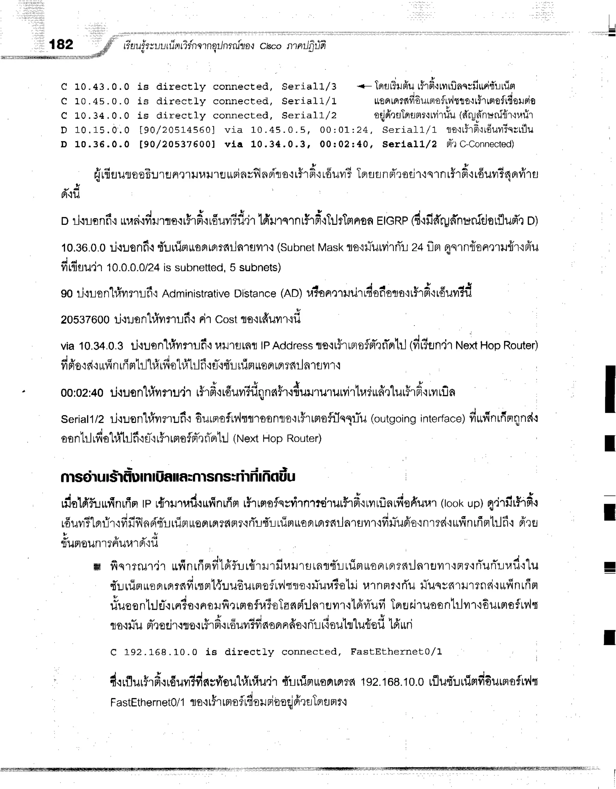 l l
182 .,611'
rilufr;ul,rrTauTfnernqilnrnizaq
cisconrnilfrlrE
*, . ,,""#r'
c 10.43 . 0 . 0 ie directly connecEed, Seriall,/3 -- lp,flt3rrfiu
rirdqrvrrflnq;firrrid'llripr
c 10.4s.0.0 is directty connected, Seriall/L tt€a[flff{d6utFroflrv'itrre':tflrrmofrdolrpio
C 10.34 . 0 . 0 is directly connected, Seriall/2 e{firuTrrlnrtMrrtu
(dryd'nunifrr'tufir
D 10. 15.0. 0 t90/205145601via 10.45. 0 . 5, 00: 01:24, seriall/1 1o'rrirfi{rdurTqrrflu
D 1 0 . 3 6 . 0 . 0 t 9 0 / 2 0 5 3 7 6 0 0 1
v i a 1 0 . 3 4 . 0 . 3 , 0 0 : 0 2 : 4 0 , S e r l a l L / 2 F t * ' t
C - C o n n e c t e d )
{ufiuutoeErlflFr,r'r}r1r}r'rerFinvfln6i'ro'ir#r#{r6uil?
TprfltinFTroEi'l'rqrnr#rd'rr6uvr?4orvi'ra
*&
a'iil
o rj'irsnf i uraai'idilrrs.irFrd'irduyr3d.ir
lrr'ilTsTnrfrd'rTrJrTrrnsa
EtcRp
6'rfi#run'nr*nfcjorflud'r
o)
10.36.0.0
:-i.llonfi.l
durrimrroprrprr6ilnlflvn'r
(Subnet
Mask
flo'illTlJrvirrTr
z+flprnqrn{orr,nil{r'ifru
firfisu,jr
10.0.0.0/24
issubnetted,
s subnets)
soil'iLon'l#TflLfi'r
Administrative
Distance
(AD)raSopr':Tr.rurrdofiocJo'lr$rd':,6uv'id
20s37800
t-i.rt-ro
nl#unrifi ,t Fircostro.itfruilr'rd
via10,34.0.3
il'lusn"l#vrnlfi uilrflrnr lPAddress
flE{r#rrnoflFl"?flprtrl
(fiu?fln,jl
Next
HopRouter)
fipio':d':
u,fi
nrfirlt]hfrrfiohihlf iET'ifl
r-i
11:rr
roarFr
Te{|a1fl
vrI'i
00:02:40
rJ'rusnhivrrru'jr
r#r#'rr6un6flqna$r.rduillu1uM1tudrufi'r1urHrfr{tiltfln
seriatl/2r-j'iusnlfiilnufi.r
6urmofLil{fl'roonfl€'tt#rrnofiJsTLTil
(outgoing
interface)
fiufinrfimqne{.r
aanhlrfiohitjf ifl-'t
r5rrrr
ofn-,1
fln1il (NextHop Route
r)
nlsolutslflulnluf, llf,;nlsns=nlnlnfl uu
rfiolfrf,lufinufin
tpr{r+nrad.rufinrfrrr
r#rrflofqsfirnrmirulFrfr'rryrf,nrfiefrurar
(took
up)4'lTfir$Td.r
d d q v J a o , n u y y
rolJ?rrrFri-r'r,i?1lJynflrrllirrurefllfl?fia?{rTllf,:-lrfirrttoBrtBrrnilnrflTr'ifiLrTufro'rnrrd'irrr{nrfintrlfi'r
6'rEr
u u
v t u
lJUnOUnltFlUUlFr':tJ
ffi fiqrem.ir rufinrfisrvilffflr-:r{rrrfir,lr1flrnr4'LrliailoFrrpr?6iln1EJvrr{Fr?'irTurT::r,rd
rurfim*oBrrnrdffrqprt{ru6urrtefp'iqro'rflur,ttotri
u1nmr,iflu
rluqvarHrrnri'iufinrfim
#ueenTrJfl.rrndo+naHfi,:rmoflra3oTaa{s{':ln'reilr'i'lfrrf,ufi
TBrehiruoontrlvr'rEurmsfrv,lq
I s,rulum-,r
eEi
r.iso'irFr
d'rrfiuvr?fi
aonnr
fro.inir-r
fisuhlu{s fi 16'
ff i
C 192.1 68. 10. o is dir ecEl- y conn e cte d , F a stEth e rn e L o /l
. l - v E c r J I
T.irlrlrrl'rFr.rrelJyr?iln;yioul#ufiudr
fft-lrfimusnrpt?r{
192.1BB.1o.o
rflud'urrTmfidurmaflrv{t
I
I
t
I
FastEthernet0/1
flo{rh raoflrfi
or niooqi
frrflTFr
flFr
t'i
 