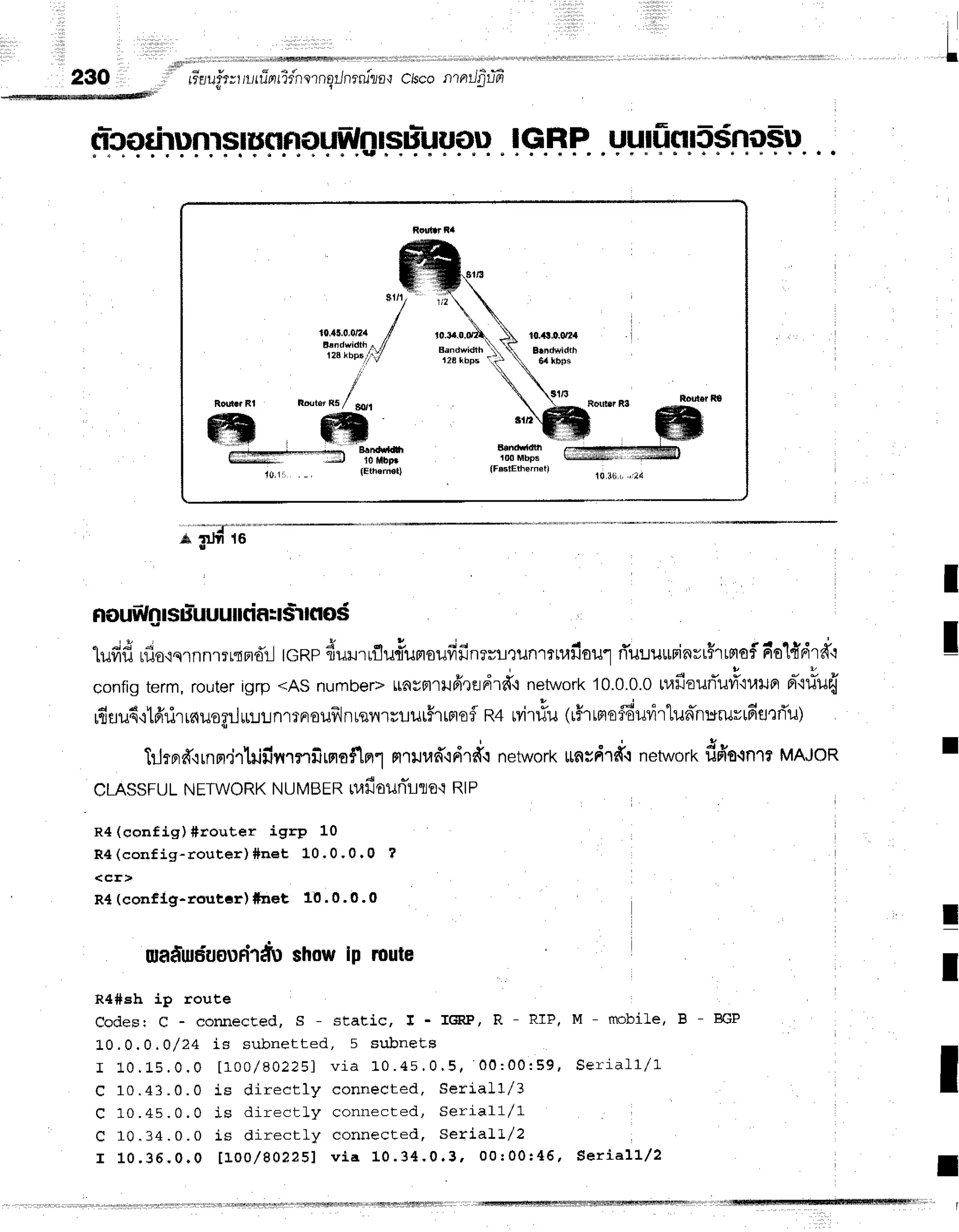 I
230 " rFauitrttltfinrTr'nernErJnenilfl{
cisco ntntJfitfr
IGRP uurficrF$noSu
;;iffi-
luffd rfiorq.rnnrrrrndr-l
tcnpdrru',,flufumoufifinrntunmmfiau1
rTuuu*ninrrHrrrrai
641{dr#'l
configterm,routerigrp <ASnumber=[aymrufi,]Eldrfi network10.0.0.0
ur,lfiourTuti"ltller
nr-'lriu{
rfiflu6{lfi1.irinuogrJrur.rr.:nmnoufrlnrsnlrrutFrmo$
n+M'lfu (rFrrrrof6urirtud'n:cruvrfierflu)
tlrBr#,irnn.j.'llrifinrnfirno#1nr1
mturad"idrd.r
network
unrdrd.r
network
dfiton.t MAJOR
cLAssFULNETWORK
NUMBER
ruffounitire't
Rtp
n4 (config) #router igrp 10
R4(config-router ) #net 10' 0' 0. 0 ?
< c E >
R4 (conflg-rout6r) #rret 10. 0.0.0
I
I
I
uadutiuourhdr
showIp route
R4#Eh ip route
Codesr C - connecEed, s - static, I - IffiP, R - RIP,
L 0 . 0 , 0 , O / 2 4 i s s u b n e t t e d , 5 s u b n e t s
r 1 0 . 1 5 . 0 . 0 t 1 0 0 / 8 0 2 2 5 1 v i a L 0 . 4 5 . 0 . 5 , 0 0 : 0 0 : 5 9 '
C 10 .43 . 0 . 0 is dir ect ly connect ed, Seria ll/3
C 1 0 . 4 5 . 0 . 0 i s d i r e c t l y c o n n e c t e d , S e r i a l l / 1
C 1 0 . 3 4 . 0 . 0 i s d i r e c t l y c o n n e c t e d , S e r i a l L / 2
r 1 0 . 3 6 . 0 . 0 t 1 0 0 / 8 0 2 2 5 1 v i a 1 0 . 3 4 . 0 . 3 ' 0 0 r 0 0 : 4 6 ,
M - mobiLe, B
Ser aa-L-L/
r
T
I
I
Se ria ll/2
EGP
I
 