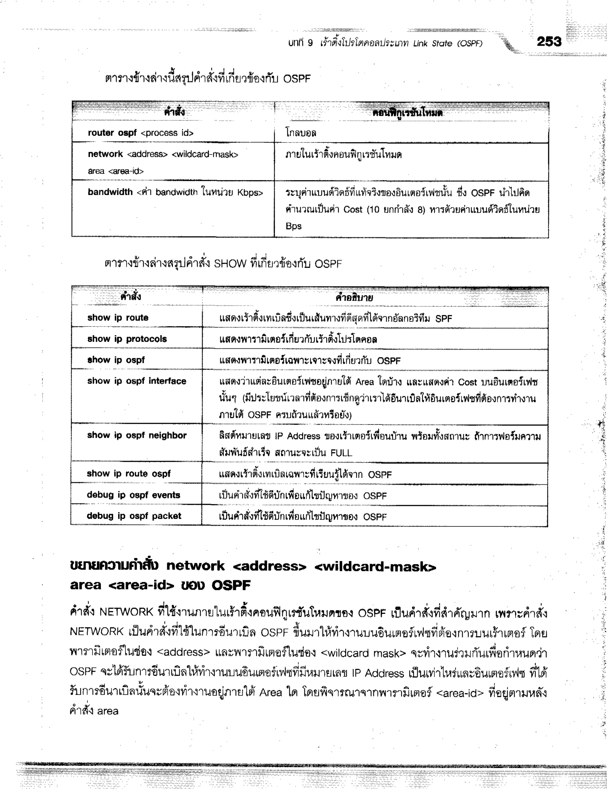 unR9 ri?fiililtlnnaailt--nn Linksrore(ospF)
',M, illl
2S3
rr'lrl.r{fish'idnnJ
dr*{d fi Ei,r#o.irT!
ospF
I f +
Flf,d
router oepf <processid>
network <address><wildcard-mask>
area <area-E>
bandwidth<r{rbandwidth
"lurrilrtrKbos> t;r;riruuud'io
#fiui4eioro,t
6uret
oirdrrfu d'rospr rirh 6pr
niurruriJurir
cost(1
0 unrirn*r
8)nrrfirur{ruludtprdluuilru
Bos
Fr
1t1'r?i'r'i
6i'r.r
ngrJ
drd'rSH
OWffrfr
sr#o+ri'uOS
pr
n10tru1tl
Bhow ip route runo':rtrfiirvrrfi
nd.rrfl
urfi
um'r,rfi
6aFrfinldcrn0'nnaifi
ruSpf
ehow ip protocol$ nf,
ntnrtrfirns{rd
urrfirirfi',rlj:Iqno
a
rhow ip ospf uf,n'rnrflfilfio{taurttcrvt{fi rfiurn-uOSPF
show ip ospf Interface ttnq.rirttqinrfiurvroirvlto{n,u"lfi
erea
"lorjr.:
unsunq.:dt
costuufiurnoiry'|fl
u"u1lfirJtflurrirrnrdfiounr:rdng'irrrr'lddurr:inlfifiurrro{rilrfifio,lnrtvri.rru
nrslfiospr n:ufiruufirniau"u)
show ip otpf neighbor ftnd'vrurutm
|PAddress
Io.lrirrnsirfr
ouriruvrtsilns.lnnrut
firnrt4o{unrtru
frirrrlufdrrttnnru;cttflu FULL
show ip rqute ospf uomr{rdrrurfi
nraurtfr
rtsut'lfimn
ospr
debug ip ospf events riJu
rirff:filfr6u-n
rdor,,ftor:
run',,
;r;; ;
debug ip ospf packst rfr
unidudlddu*n
rdoufibflrynufl.0ospF
Utnumrufifrt network <address> <wildcard-mask>
area <area-id> tfolt osPF
drt r.rErwoRK
d1{'ilunretur#rd"inouflqrrfi'uTuilFruo.r
osFFrfludTd'ofid.Argurn
ryrmsdrd',i
NETWORK
rflud1*{fi1fr1xrn'1r6il'lrf,n
ospr dururh}r,ir'lruuudurmoflrv,lqdfr'e.inlrLurhrnofl
TnEr
ill?rfrtnofludo{
<address>
ttnr?1flfitnoflu{o.i
<witdcard
mask>
srd't-iru?rHriurdoritaupr.ir
osPFsytfi'fi.inrrdurrflnlrfrrir'i'ruLu6umflfrv{'rdfirarrsrnr
tpAddress
lilurvir'Lu*rarEumflf$,h
dtfi
flinrrdurlfinrfuqrfr'o'idr'iruoqjn'rr'lni
ArealprTnflfismru1srnnrmfirmofl
<area-id>
fieqjmrHran-.r
nlf i area
.
f
r f
t;
t
lll
,r
l[
i
t'
I
:
a
"-;
+
ft'Ifl{
9 o ^ " A , ! T
fl'ru[u[T"rfl
.lFr0uytfr
rstu t]lIJfi
{11
;l
ii
 