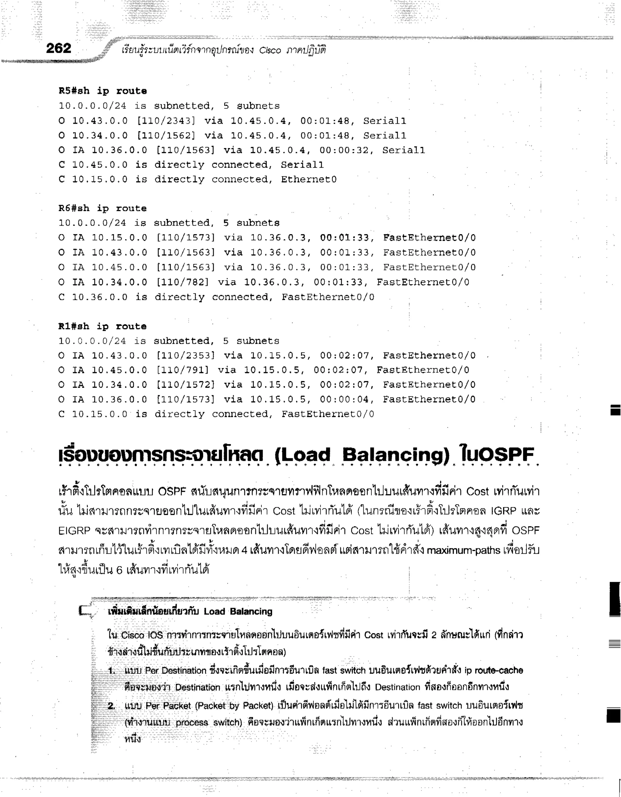 262,,,il|i$!'' riauirrurrru'orTfnornqr/nrtu"tfl,t
cisco
nrnrJ;-rifr
*,",-',*,*'*"''
R5*sh ip route
10.0.0.o/24 iE subnet t ed, 5 gu- bnet s
O 1 0 . 4 3 . 0 . 0 l t L ] / 2 3 4 3 ) v i a 1 0 . 4 s . 0 . 4 , 0 0 : 0 1 : 4 8 , S e r i a f l
O L 0 . 3 4 . 0 . 0 [ 1 ] . 0 / 1 5 6 ? l v i a 1 0 . 4 5 . 0 . 4 , 0 0 : 0 1 : 4 8 , S e r i a l l
O I A L 0 . 3 6 . 0 . 0 [ ] . t0 / 1 5 6 3 l v i a 1 0 . 4 5 . 0 . 4 , 0 0 : 0 0 : 3 2 , s e r i a l l
C 1 0 , 4 5 , 0 . 0 i s d i r e c t l y c o n n e c t e d , S e r i a l l
C 1 0 . 1 5 , 0 , 0 i s d i r e c t l y c o n n e c t e d , E t h e r n e t 0
R6#sh ip route
1 0 . 0 . 0 . o / 2 4 i E
o r A 1 0 . 1 5 . 0 . 0
o r A 1 0 . 4 3 . 0 . 0
o r A 1 0 . 4 5 . 0 . 0
o r A 1 0 . 3 4 . 0 . 0
C L 0 . 3 5 . 0 . 0 i s
R1#eh ip route
1 0 . 0 . 0 . 0 / 2 4 i 3
o r A 1 0 . 4 3 . 0 . 0
o r A 1 0 . 4 s . 0 . 0
o r A r . 0 . 3 4 . 0 . 0
o r A 1 0 . 3 5 . 0 . 0
C 1 0 . L 5 . 0 . 0 i s
subnetted, 5 subnets
1 7 7 0 / 1 , 5 7 3 1
v i a 1 0 . 3 5 . 0 . 3 , 0 0 : 0 1 I 3 3 ,
I r ] 0 / r s 6 3 l v i a 1 0 . 3 6 . 0 . 3 , 0 0 r 0 r . ; 3 3 ,
[ 1 1 0 / 1 5 6 ] l v i a 1 0 . 3 5 . 0 . 3 , 0 0 : 0 1 : 3 3 ,
l ! t 1 / 7 8 2 1 v i a 1 0 . 3 6 . 0 . 3 , 0 0 : 0 1 I 3 3 ,
directly connected, FastEthernet0/0
srtbnetted, 5 subnets
[ ] . 1 0 / 2 3 s 3 1 v i a 1 0 . 1 5 . 0 . 5 , 0 0 ; 0 2 : 0 7 ,
[ 1 1 0 / 7 9 1 ] v i a 1 0 . 1 5 . 0 . 5 , 0 0 r 0 2 r 0 7 ,
[ 1 ] 0 / 1 5 7 2 J v i a 1 0 . 1 5 . 0 . 5 , 0 0 : 0 2 : 0 7 ,
[ ] . 1 0 / r . s 7 3 l v i a 1 0 . 1 5 . 0 . 5 , 0 0 : 0 0 : 0 4 ,
d i r o n f l l / n ^ n n c . t a d E ' a a j - F l - h c r n c r f l / O
FasEEthernet0/0
E ' i c f F l - h o r n o l n l i
E ' a q j - F ' 1 - h e r r r e j - O , / f l
t s F Q r t s : r n F r n c r t t / t l
FastEthernet0/ 0
FaEEEEnerneEU/
U
FasEEtherneE0/0
FastEthernet 0,/0
I
6ouustmsn$iit-r,u
[nnq.(! p.e
{ ".H
e!+nqiTg).lUg+nf .
U
r$'rfi'rTrJrTprrronmril
OSPF
nfillelqunrtn?csltlvrflv'lfrlnTranrtoon'lrl:.ruufiuvrr.rfifirir
CostrvirnTuuvir
3 t 1 , h r q v ! q ' ^ { | | v { e , q o
u
ul.r$JnrlJl?nn?uqlEJeon[Llurnuilr.]vrilnr
uost'LHrvrrrluLd
(Lun:rilto'rt5rfr':T:-lrTnnron
IGRP
ttnr
EtcRpqrdrrrrnvirnr?nrrqraluanoontilLu,fruv'r'idfiFi''
costhirvirrTutni;
rfruvrr'r4'i4Frfi
osPF
s H H t A a q t u 4 L v + d I q
'
drrurrnrffl'lflurirH':rvrrln'ldilrI'mror4
rdurr,ilflflBrv,]onsi
trsinrrrrn-Lfrdrd,i
maximum-paths
rfiorlflt-t
o e A 6 v J , * q *
[1,rK':fl
uilju ti tfiullr{T Lllrnu LFI
riurf,urfinrisuttfl
elTuLoadBalancing
t* Ci lo$ nrd'rn'rrn:rcruTflnqaonliluu6urne{rv,,lrdfirir
co*t rvirrTuc:fi
e frnururlfiuri
(frnd'rr
& , c -
T'r{fl'hlulu?unuut;rnrra'ttiT 6o}J:Innaa)
,lli. llurLFerDssiinatlon
d-rcsrfiqdurdsfinrtdurr:in
tastswitctr
uus'urno{tv,ltfiruntril'r
ip rout+.cache
l.li finnsilnsCrDe$tination
ntnlrJvrrwrdu
rfinc;dr$finrfisr'hjfl,t
Destination
fiflarfioondnnr.:nii,r
,e, UUU
pei pa+tiret
(FaCket,bV
packet)rflurirdrisnpirfio'1il-lfifinr:6u'rrfin
fastswitchuudurqairdt
...1vl1tiu1r:Lu'processsw|ich)fnwuo':.jrrrfnrfnrrrn1rJvr.r'rrrf.ldrurrfnrfgrfno.lf"lrtoon1rJ6nvlr
Hri.r
f; I
=
-
till.
liii.lll
liiiril
Xill,ll
litlliil
lilliirl
iil I
:1t
 