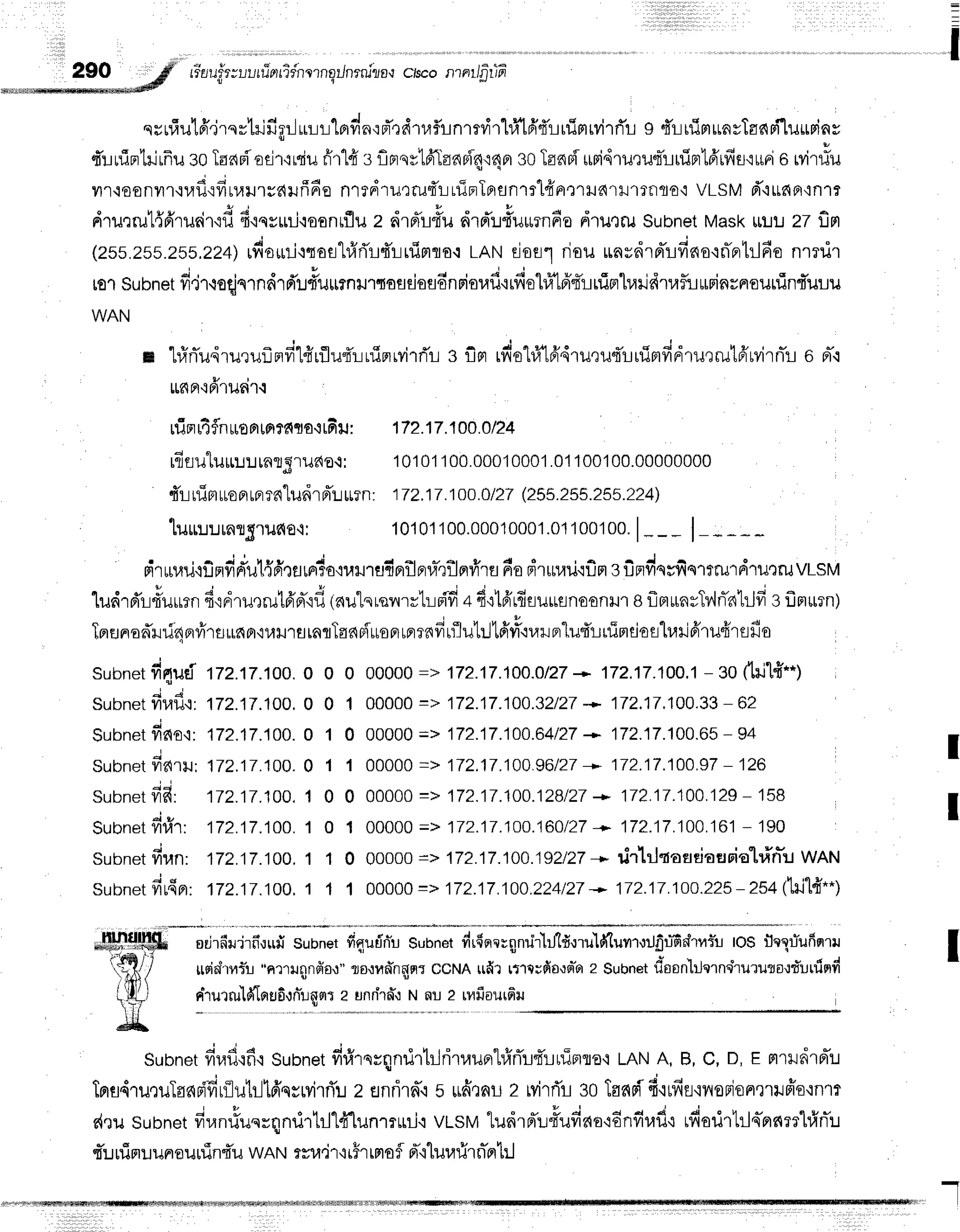 =
=
I
290 ;ff' riau"fr;r-,lrriarridnrrnqilneniro,l
ctsconrniljJ-rin-
*,i-trd'm**ddtr
{ e
m t#rTudruruf,
nfr
1fi
rflu{r:uinrvirril g
16a'rfrlu6i'r.i
qsrfiu'lffjrss'[rifirr]ur-lr:'[Brvin{d'tdlufiinrnirhi'16'4'ruirrrvirri'r
g 4't-ruimunvTac{F{lurpinv
d'ruintrjrflu
soTanrf,'aeirurqiu
fir1frs flnrsvtfftand4r4er
soTanFi
upidrurutTrniBrl6'rfif
iuFio Mrrlu
yn.roonil1.r1rfifiruuryailff6e
nrtdrurrufrr:rriprTBrsnrrlfrprrrHd'r1.r'rtr-rflo,i
vLSMd"ittdA{n1t
o v , u y ,
g j
Fr'ril?rur.rpn1Jn1{il
r,iqyLril.:sanrflu
z drffifu drpr*'r{u*rnfio
d'tu,tru
Subnet
Mask
tnru2t fn
(zss.zss.zss.zz4)
rfiour-j+qos'[r]'ri'r4'rrfimlo{
LANdorl riauunvdrnTrfino{rTrrtilfio
nrrdr
[0'lSubnet
fi,lr,roqjnT
ndrd'lfurrmrurtosriosdnrioraf
irfiolfi'lfr4'LnimlraridtafuurrinrnourfintTuru
WAN
4 d 4 r q ! s s c d 6 h ? ' u
llFt tvtotu tfiq1il,tu{lJ[lJFtvtFllxJerulfltilln! 6 Ft.l
rtin14flnrroBrtprffiqa+tfiu:
172.17.1oo.0n4
d q
rrlsu-lurr:.t:lrnflSru?{o.i:
10101100.00010001.01100100.00000000
d'r-r
rrim
uro
aupr
rn"ludr
pru
*rn: 1T2.1
7.1oo.o
I27 (zls.zss.2sl.zz4)
l,u*:rurnrgrufio.r: 10101100.00010001.01100100.
|___ |_;***
pr'rurari,rfinfid'u14,firflrnda{uxnufiFilpna-,rilflfr'rfl
6orirurau'rf,rr
silfldsrfiertmdrurruvLslrt
r o u X i . A J t r t o
tilnrFn-rrlJu?n
s'inruerutfi'n-'ifl
(nutsral^nvl:-iFi'fr
+4tlfrrdsuuflnoonill
gflBttrnrT?'lnhhjfr
gflrt*rn)
Tnunoffiri4orfrrsu6or,nrrrs
rnrTanpiuon
rprrnfi
ulutrJlfrf'nrr
erlu{'ruTrleiosh,lri6'rufrrsfio
subnetfi4uei
tzz.tz.100.
0 0 0 00000
=> 172.17.1o0.ot27
* 172.17.1oo.1-30
flillff..)
subnet
firafiq'
t22.t7.100.
0 0 1 00000
=> 172.17.1o0.32/27
* 172.17.100.33
- 62
subnet
dnuo,tzz.'t7.100.
0 1 0 00000
=> 172.17.100.64/27
* 172.17.1o0.65
- 94
I
subnet
frrtru:172,t7.100.
0 1 1 00000
=> 172.17.100.s6127
+ 172.17.100.S7
- 126
Subnet
frfi: 172.17.1O0.1
0 0 00000=> 172.17j00.128127
* 172.17.100.129
- 158
Sunnet
d#r: 1tz.ir.10o.1 0 1 00000
=> jrz.17.100:6o127
* 172.17.100.161
- 190
subnetdun: 172.17.ilo,1 1 0 00000=> 1Tz.17.iol.1ez/zr
* rirhltosdaario'l#n-u wAti
Subnetfiu{pr: 172.17.1OO.
1 1 1 00000=> 172.17.1O0.224127
* 172.17.1oo.225
-254 (1il1d..)
edrfiilirfi.lrfi subnetfiqufn"usubnet
fir6qcrgnrirlltftrulfr'lumoilfir-ddruftL
to$ fleXuTufiorru
usiairyfll
"Rlunnfio.r"
ro.rmn*ngor:
ccNAudl rtrc;doo$io
2 Subnet
dsonlilerntiruruto.rduuind
niurru'1610s6'Jn"1lqfl
T? un
nhn*,t
N nl 2 tnfiaut6+t
Subnet
fivrfl.rfi.r
Subnet
fi#rnrqnrirtrlritauprtrfrrTrflluinro'l
LAN
A,B,c, D,r mrrdrpru
lBrfln{ru,tuTofinifirilutr-lld'ssrvirrTl
2 flnnrn'i
s *dtnr z MrrTrgoTaari
fi'rrfiu'rvrsrionxlilfro{n1r
d,rusubnet
fi"ni.fu.=qnrirbl"l4'lunrrrrj.i
vtsN/ludrpr:"rqilufina'i6nfiuf
i rfiorirtrlq-prnrel#nTu
tu nirrt't
uneuuin{uwRtrt
rru'irti5rtno
fld"iluu#r
n-fl
t:l
 