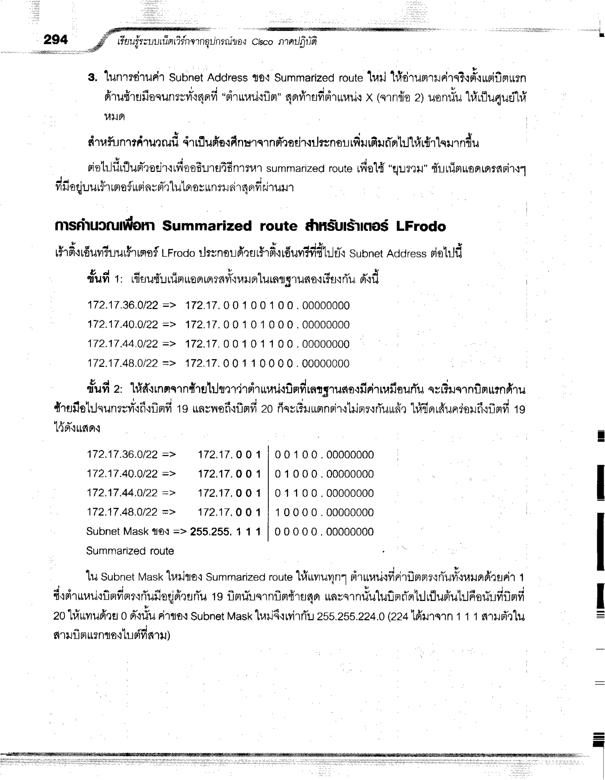 ttl ,$tl@ffilffi
294 .6P' rr'tru.fr;l,urrTnrifnlrngilnrnjra,r
crsco
mrril5-rlar'
,;i$tr a
a. lunmdrurir Subnet
Address
flo,tSummarized
route
lrari}idrumrlrirq?.rm3'rrlriflrtrrrn
firufirflfioqunrfll-{qafi
"pirurail,lflm"
nBrvirafipir*uilq
x (qrnflo2)uonriu1#rfluqud1#
c q
ulJa
dtafunrrdruqrud
4rrfluffo.rfrnurqrnf,rocir{ilrsnorrfiurfi}Jn-atil'tfir{11qurn{u
rietr-lfirflupr-roejr'lrfioofrlns4Bnrrur
summarized
route
rfiol{ "qLTe}J"
4'r-trrimrrarrrnr6Fn,i-l
- l r t t u d l
fifioqjuurffr
rneflurrinym-qlutnoy*nrr
airn
prfi
r.i'rulr
r r l
nrsfilucfunalgnrSummarized route dtnsluts*lflo$ LFrodo
rffr
i#+
rduvr?lur$r
rmo
flLFrodo
ilrvnor ffrsr#r
ifr,r
rduvr?fi
fl ilfl'rsunnetAd
dressriotjfr
q"u#r: rfi
su{r nTm
rre
Fr
rn?nvi{}ru
nrlurnrgruno,r
r3firTud"id
172.17.36.0/22
=> 172.17.0
0 1 0 0 1 0 0. 00000000
172.17.40.0122
=> 172.17.0
0 1 0 1 0 0 0. 00000000
172.17.44,0/22
=> 172.17.0
0 1 0 1 1 0 0 . 00000000
172.17.48.0122
=> 172j7.0 0 1 1 0 0 0 0.00000000
rfudz' hfr#{rnnqrn{rfllilmtj'rdrurari.rfindrntgrunorfinirruru'ourTu
qrrdruqrnilmr?nfi1u
drufiot:Jqunrsvl*'if
iflmfitg unvvrsf
ifislfi zofrsvFHumnrir+trjprr'rrTuurd',r
t#q-pruffurrdoilf
iflFlfitg
l{rr-'iLrc{Fr'r
172.17.36.0122
=> 172.17.
OO1
172.17.4O.O/22
=> 172.17.0
O 1
172.17.44.0122
=> 172.17.
OO 1
172.17.48.0122
=> 172.17.0
0 1
Subnet
MaskflO':=> 255,255,
1 1 1
Summarized
route
00100.00000000
01000.00000000
01100.00000000
10000.00000000
00000.00000000
I
'[u
Srbn*twastluilTo'iSummarized
route'[#uvrur1n1
dtnarj.lfidrflmprrrnTuvr-,ruunfrraFir
1
o . ' * i v 4 , t u
4{Frrruil'iiFrfrnt':rTuiloqjffrflnTu
tg flmrirqrnf,mfrru4nr
unsqrn#uluflprrTntrluluffutrJfiorirfif,mfi
2o'lrirrvrufr,ra
od"i#u
rilqo,iSubnet
Mask
h,rrid,rrvirrTu
zss.zss.zz4.0
Qzllfrilrsrnt t t nrrrTrlu
e{rilfl
m
mnro'r1r-l
ni-fi
nru)
-
I
 