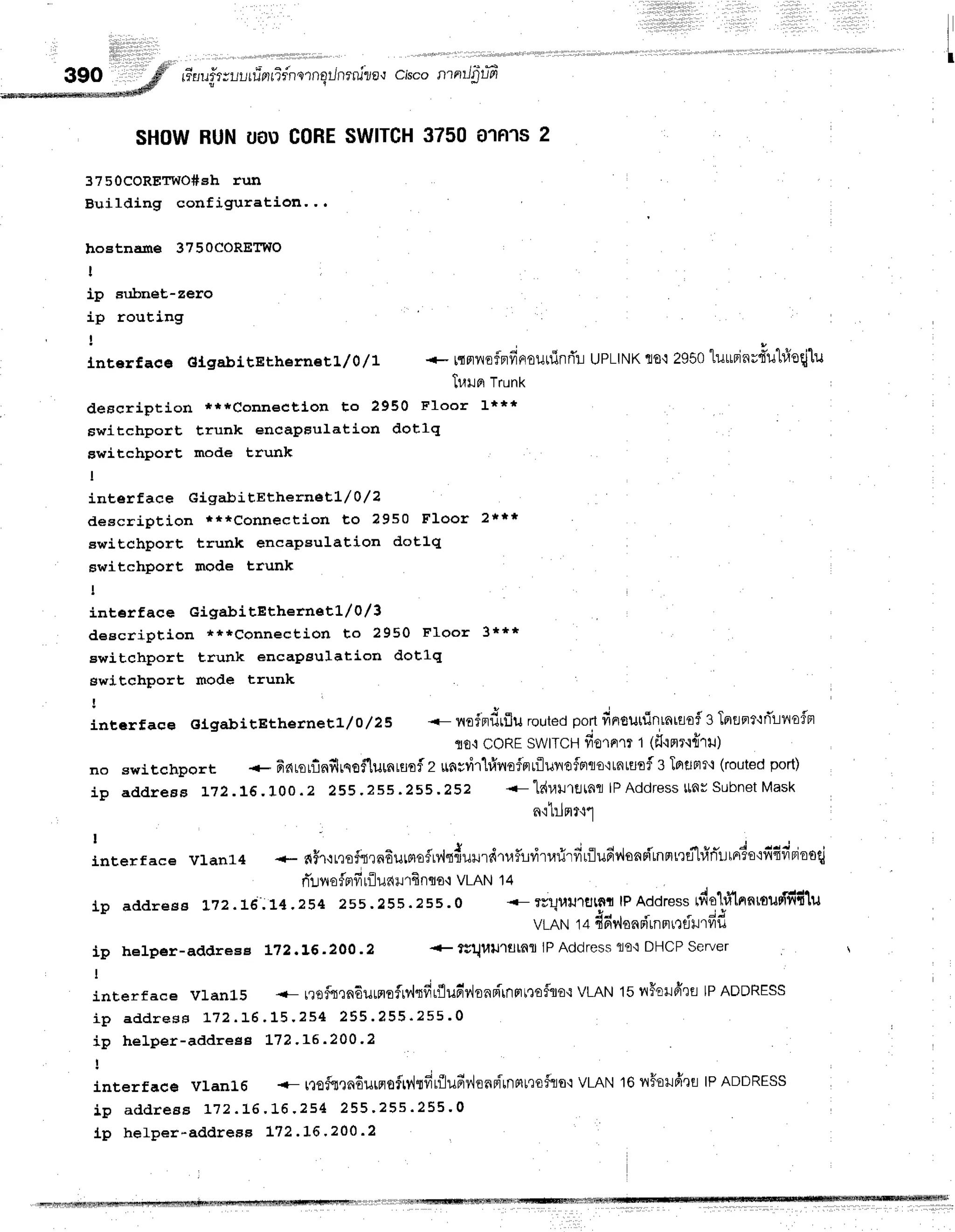 rr'g
u#r;r l,tiintifn orngrJn
enlrr
o,r cisco nrnr
rJ{).
r-r?
SHOWBUNUOU
CORE
SWITCH
3750 O1R1S
2
375oCORETwO#ehrun
Building configuration" .
hoEtnane 3750CORETWO
I
ip sr:bnet-zero
ip routing
I
lnrerfacg GtgabitErherneri.,/0,/1 +- rqnrrofprdprouninfili
UPLINKfl0,12950luudn;t'ulr.ieqilu
Ir,tro Trunk
description ***Connectlon to 2950 Floor 1***
switchport trurrk encapsulation dotlq
ewitchport mode trunk
I
interface GigabitEthernebL/ 0/2
description i+*Conneetion to ?950 Floor 2***
ewitchport trunk encapsulation dotlq
switchport mode trunk
I
interface GigabitEthetrreEL / Q/ 3
deecription *++Connection to 2950 Floor 3***
ewitchport t.runk encapeulation dotlq
ewltehport mode trunk
I
'
" .
- ? - i q q ^ + ^ - s ^ . -
Lnt,erface GtgabitEthetrreEL/o/25 <-il€fnilrflUroutedportfrRtgutfintnttjo$3Tflflsll'lfi',]-iflo5Fl
lrf,'lCORESWITCH
fiorrrT t (fl'lflr{{ril)
no switchporr * 6nrolfinfilrsgf'lumlflrf 2 rtngrirhinofprrflufloirrto'ttntflEf3 TfltlFls'l
(routedport)
io addreas L72.t6. 100.2 255.255 .255.252 <-"ldurt1fltnnlPAddress
l[flusubnetMask
n{ tllFrf'1l
+- flfr,:rroftrnEurnosu4rduurdruflidrurirfiriludvlsnpirnmrrf[#rTr:rerdo':fififirloe{
fi'r-rvro
fprfr
rflua+rlft
ntlo{VLAN
14
l p a d d r e e e L 7 2 . L 6 ' . 1 - 4 . 2 5 42 5 5 ' 2 5 5 . 2 5 5 - 0 + rilruulflrnt lPAddress
rfre1#tnnroudfifilu
'
J a , - . A i
VLAN 14 {FrV'lOflF}LflFrrlfl}J',lvlu
lp helper-addrese L72.L6.200.2
I
+ fgulrlJ'lfltnlj lP Addressfl0-1
DHCPServer
interf ace V1anl.s {- r?flflfl,tnduretefrv{tfirflua'doapitnrrtrofflo-l
VLAN15rT
Horff'ltl lPADDRESS
i p a d d r e s s L 7 2 . t 6 . 1 5 ' 2 5 4 2 5 5 . ? 5 5 . 2 5 5 - 0
ip helper-addreeg L72.L6.200.2
!
inrerface vran16 {- rx€F[?n6urerofrr',]rfrrflufiv'iflnpirnflttofflo't
VLAN16n$orfirt lP ADDRESS
i p a d d r e a e L 1 2 . L 6 ' 1 6 ' 2 5 4 2 5 5 ' 2 5 5 . 2 5 5 - 0
lp helper-address 1-72.L6'200.2
I
Lnterface Vlanl4
 
