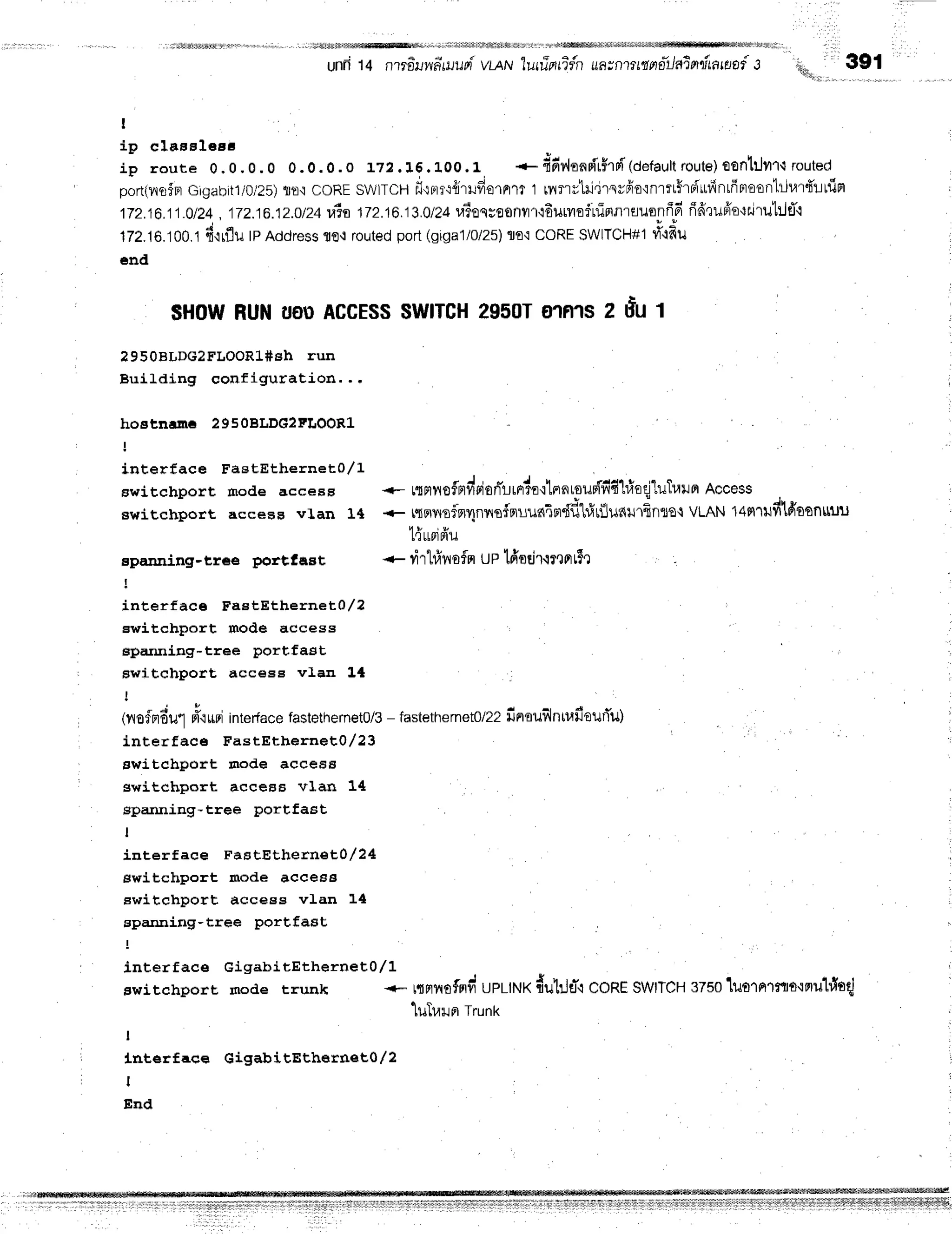 unri14 n?roilwdmupi
vrnrulurrTerrifn
uanttmnfilainitana{ 3 sq,, 39f
I
ip claaaleee
ip roure 0.0.0.0 0.0.0.0 121.16.1.00.1 *ddv{rndr$rd(Oetaultrout€)
€onl:Jfll,irouted
port(nofn
Gigabiflt0/25)
$.d.i
CORE
SWITCH
fl'rnr"r{irlflornm
1 ryrrrlrirrsvdio'rnrrt$rF4ttffrrtfrBtoorr'lilur{'lrrin
172.16.i1.0124
,172.16.12.0t24
r,llotze.t6.t3.0/24
ra?oqsoonflr{aurvrotififlnrflusnfrd
frfrruffe'lzurul:JtI-l
172.16.100.1
d'rrflurpAddress
fl€-lrouted
port(giga1/0/25)
flo'tcoRESWITCH#1
li'.1fiu
end
$HowRuNilouACGESS
SWITCH
2950T
o1fl1sZ rlur
?9SOBLDG2FLOOR1#gh run
Building configuration. ..
hoetsnalte 2950BLDG2FLOOR1
I
interface FaetEthernet} /L
Bwirchporr rnodeaccesB +- utnnsfndoionilrnim'rtnnLFurifidtio{luTltilFr
Access
swirchporr acceeB vran 1{ .- t*r*u+*l"ou{rurrn-rr,'ffl1#rflunrlr6n$o-1
vmu tEsrrldlfison*uu
1{ursid'u
epanning-tree porttsBt {-riltrlvrsfnuplfrodr'lr'lflr5')
!
interface FaetEthernet0/?
Ewitchport mode access
eparning-tree portfast
switchport acceEe vlan l,{
!
(nofndut ptr.luri
int",{"ce fastethernet0/3
- fastethernet0/22
finouillntuileufi'u)
interface FastEtherrr eEl/ 23
, switchport node aeeea8
switchport access vlan 14
gpa$ning-tree portfast
I
interface FastEtherneEl/24
ewitchport mode acceea
Ehritchport access vlan 14
eparning-tree portfaat ,
!
r interface GigabitEthernet0/1
Fr,virchporr mode rrunk *-- lrnnofnd UPLINK
fuhjtiq CORE
SWITCH
3750tro1filf,llt'lnutloqj
luTurPt
Trunk
I
i lnterface GigabitEthsrneto/2
I
End
 