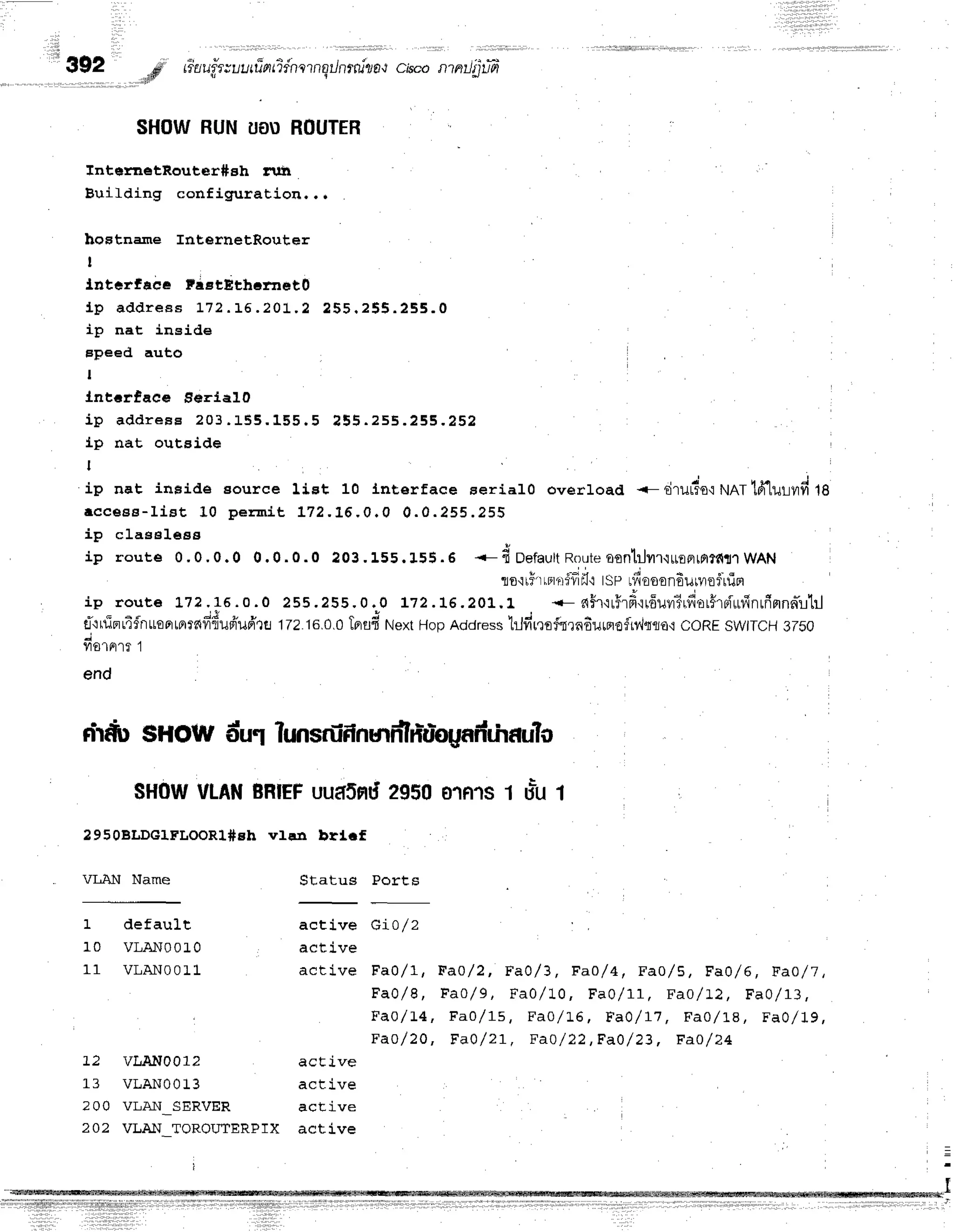 SHOWRUNUOU
ROUTER
IntgrlletRout€r#Bh flJtrl
Building configr,rration...
hostname Int€rnetRouter
I
lnterfaec FistEthernet0
I p a d d r e e s I 7 2 . L 5 . 2 0 L . 2 2 5 5 . 2 5 5 . 2 5 5 . 0
ip nat inside
epeed auho
I
lnEcrfaee gcrlel0
i p a d d r e s e 2 0 3. l - 5 5 . 1 5 5 . 5 ? 5 5 . 2 5 5. 2 5 5 . 2 5 2
lp nat outside
I
ip nat inside source list 10 Lnterface serialO overload <- tiruflrs{
runft61ulufitg
e c c e e g - 1 i s t 1 0 p e r : m i LL 7 2 . L 6 . 0 . 0 0 . 0 . 2 5 5 . 2 5 5
ip claeelees
ip route 0.0.0.0 0.0.0.0 203.155.155.6 <- fi Default
Route
asntilrr'iLr0errn?611
WAN
1o'iri'rrpr
rri"y-l
dl'ltSt, lffeoon6uur.o
fiff or
ip rout6 L72.,L5.o . o 255.255.0 .O L72.16.201..L -r- a5'r{rhfr'rrfiuvrTrfiolFT
rflufinrfimnnTulil
d'trripruifnuooterrafifrudr'udrfl
1Tz.1E.a.a
tprrffNextHopAddress
l:lfir.roftrnflurproflrl,lrflo,t
coREswtTCH
g/00
yto'tFl'13
1
end
drrfu$HoWo'utlunsriffintnnln-ubgafrrhaulo
$H0W
VLAN
BHTEF
uuaSnd
2950otnrs 1 uru1
2950BLDG1FLOOR1#BhvIEn brlif
VLAN Name Status Ports
1 default active G|O/Z
10 VLAN00]-0 active
1 1 V L A N O O ] L a c r i v e F a Q / r , F a } / 2 , F a } / 3 , F a o / 4 t F a 0 / 5 , F a O / 6 , F a } / 7 ,
F a } / 8 , F a o / 9 , F a o / t 0 , F a 0 / 1 1 , F a ] / L Z , F a } / r 3 ,
F a O / 1 4 , F a o / L s , F a O / t - 6 , F a O / r i , F a O / L B , E a 0 / : - 9 ,
F a o / 2 0 , F a o / z r , F a } / 2 2 , F a o / 2 3 , F a o / 2 4
LZ VIJAI'I0012 active
L3 VLAN0013 active
I U U VLI{-T S.E;}TVtsJH ACE AVE
20? VLA}J TOROIJTERPIX acIlve
 