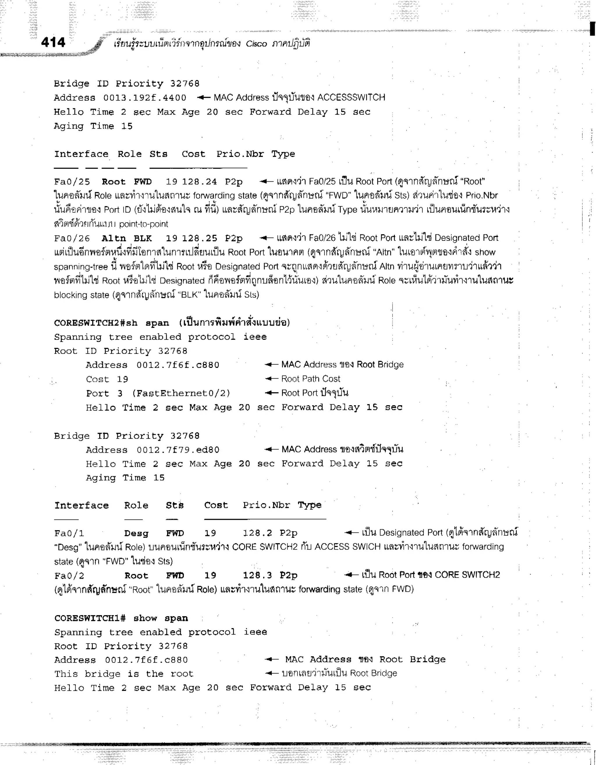 I
Bridge ID Priorit,y 32768
Address 0013 .192f .4400 + IVAC
Addressr1n1riulo'r
ACCESSSWITCH
Hel1o Time 2 sec Max Age 20 sec Forward Delay 15 sec
Aqanq Iame J_5
Interface RoIe Sts Coat Prio.Nbr Tvpe
Fao/25 Roor FWD 19 128.24 PzE) <- u6Fl'i.i1
Fa0/25
rfluRoot
Poft(4nrndrpnhBnf
"Root"
1unro6'rurf
Rote
unulir'rru"lunrluu
forwarding
state(4nrndryn-nunf
'rwp" lurron'uri
sts)drurirludo'lPrio.Nbr
rlufiorirro,:portro (tT'ltrjffo,rnutq
rufifl; un;drynhuniezptunenruriryp*riur.runrnrru'jtrflunourfint'urru'jf
i
ni Brr{ffrtr
riuur
rrr point-tft
point
Fao/26 AIrn BLK r.9 r.28.25 PZp <- rrflo':.jl
Fa0/26
trild Root
PortunctilldDesignated
Poft
rupirflu6nnofmraff{ffffTenrnlun'rrnldfluu:u
RootPort'luournrn
(fls1adr!n'ntrrf
"Attn"
'lutorrl'qBrro,tdrd':
snow
- Y
" q
! q
spanning-tree
f, vrofpr'fprfrililld
Root
u-toDesignated
Port
qrqnuda.ifrrrd'runhuninnn
vi'rufr'rj'rurntilTlt-i'j1rfrt'il
yrn+rlilitd Root
laioh-it"r
Designated
rifienofnfiqnrfrent{iule':)
d,lu1u-Freniilf
Rote
n;uiutfrrrilTuyir'i'tu'ludnluc
blocking state(qnrrt'ffrp'firruni'
eLK"'lurr
odl ri sLs;
eoRESwrfcl{Z#sh epan (rflunrtfirur{n'ra'tuuuda)
Spanning tree enabfed protocoL ieee
Root ID Prioritv 32758
i
A d d r e s s 0 0 1 2 . 7 f 5 f . c 8 8 0
, Cost 19
Port 3 (FastEtherneLo/2)
HeLl"o Time 2 sec Max Age 20
Bridge rD Priority 32768
A d d r e s s 0 0 L 2. 7 f 7 9 . e d 8 0
Helfo Time 2 sec Max Age ?0
Agang Iame r5
<- MACAddress1o'l RootBridge
<- RootPathCost
+ Root
eort
r1nlriu
sec Forward Delay 15 sec
<- MACAddress
lo'rntndrlnliu
sec Forward Delay L5 sec
fnterface RoIe ge$ eost Prio.Nbr Tl6pie
i a u / r Desg FWD L9 1 2 8. 2 P z p <- LfluDesignated
eort(4lfrnrndry',
nunf
"Desg"
tunrodtrfRolel
luerourfinturru.jr'l
CORE
SWITCH2
ri'r-i
ACCESS
SWICH
ttnevn'ilutufiilluu
foruarding
state
(qs1n'FWD"
ludo':Sts)
F a } / 2 Root FWD 19 1 2 8 . 3 P 2 p {- tflu RootPorlts'i CORE
SWITCHz
(4tfrnrndrgn'nuni"Root""lurrofriri Role)uasvir':ru1u6fl1ilH
forwarding
state(qs1r FWD)
coREswITcHl# ehow span
Spanning tree enabLed protocol ieee
Root ID Priority 32768
Address 0012.7f6f.c880 MAC Address flfl.i Root Bridge
T h i e L r r i d c r e i c f h e 1 . O O t
* -- *---.i root <- :-lofltnflxr+rTutilu
RootBriclge
Hell"o Time 2 sec Max Age 20 sec Forward Delay 1"5 sec
 