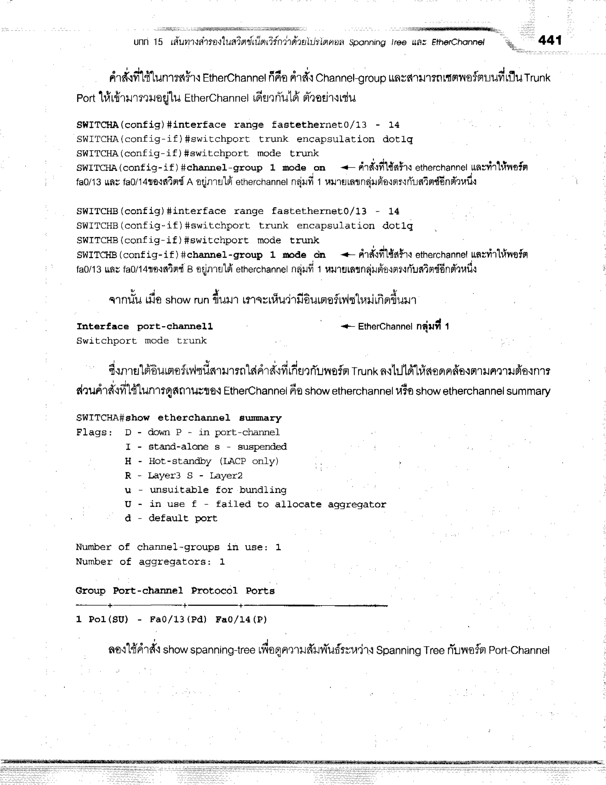 unn 15 r#uil'tw'maqluaindrfr,nfiinhfrtnttlllnnxa
:iponningIrceufi; FthefChonnel uor,,,,,441
. . ! J a u r
nrd.rfl-L{
LunrMfr.r
EtherChannel
fidsdrd'q
Channel-group
$nss{'rlJlTnrtrlnoflBrruvitflu
Trunk
porttfrrfr
u m,riloqjlu Ethe
rchannet 6 fl,lITulffpT,r
ofli
r.itdu
SIIITCIIA(config)#interface range fastetherneto/l3 - 14
SWITCHA(config-if ) #switchport trunk encapsulaLion dotlq
SWITCHA
(conf ig-if ) #ewitchport mode Erurrj<
g1411'g11;t(config-if )#charrrrel-group 1 rode on <- drd{fi1{c{$r{ etherchannel
rrncfrtinofpl
fa0/13$nr fa0/14to'rdtsrdnodnrrt6'etherchannetnniil# 1 unrflmrnoiilffo{flr{fii-ic{imdEnd',rud'i
SWTTCHB
(config) #interface range fastethernet0/:.3 - L4
SWITCHB
(config-if) #switchport trunk encapsulation dotlq
SWITCHB(config-if)#switchporE mode trunk
o v 4 q ? - v . . . - - . - : - 1 - e - . . - l
swllurlrl (conf,t.9-rr / #channel-group 1 npde &r +- drff'rfil{nh'i etherchannel
*nrrir'[rinoigt
fa0/13
unsfa0/141o{nifld
a oqjn'rrlfr'etherchannel
nnjtfrt rururntnrjtlr,io-rnrr.rri'ualtn"fdnfr',rlifl't
" - a {
c1nuil LrJsshow run fllJrJ-l!fl sr luu.]'uJeumofllyh"luil rfrpr6ut r
fnterface port-chamelL
Switchport mode trunk
+- Etherchannet
ndlfl t
f inrfl"lfrEilffiofr?'lsfldrLnrnts{drd+firfiflrrTuiloflfl
Trunk
n.lbl1fr.lrfrdonnfro.:FnrJFl,]1ilfr'a,rn1?
r{rudrd"tfi14"[un1?qfin1urt0.i
EtherChannel
fioshow
etherchannel
li?oshow
etherchannel
summary
SWTTCHA#show ethercharrnel eununary
Flagsr D - dohrr P - in port-chalnef
I - Etand-alc'rre s - suspended
H - Hot-standby (LACP only)
R - L a y e r 3 S - L a y e r z
u - unsuiEabLe for bundling
U - in use f - failed Eo aLLocate aggregator
d - default port
l
Number of channel-groups i.n use: 1
Number of aggregators: 1
Group Port-channel protocol PortB
1 Pol(SU) - Fao/ L3( Pd) Fao/ 14( P)
ao'ilfrdrfi showspanning-tree
tfioqn,lrilffilfiufrvu.jr.'lSpanning
Treen"unaflm
Port-channel
 