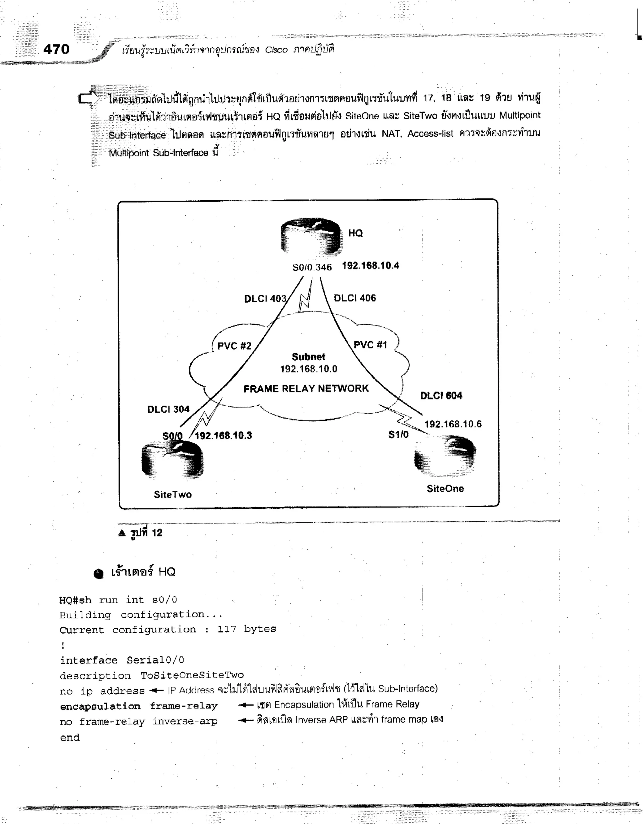 t
1llr,
rirauf,r;ulr
uTar
ridnern
grJn
rru1o{crscofi'1
nl1rtfifr
tnsyirfliilnlolilritfipnrir}]rtt*rlndllfrritufrradl,rnrrrrqnouSlgr:fu'lumfi
17, :lB ttal 1s firu virufi
rirueglfiillfiiraursro{*,,lttlurf;rrqniHQdrflnusia-lilH"t
siteoneunr siteTwou".tnttfluttuu
Multipoint
$unrtnte*uC"'tilnnaq
,tn*ni$ttu'narJflnrrt'unnrgl
odr,lttiuNAT,Access-list
Fl'llcufifl:nrud1ilil
Muhipoint
Sub-lnterface
d
ru""
S0/0s4s 1Se.168.10.4
$ubnet
1S2.1S8.10.0
FRAME RELAY NETWORK
DLC|604
DLCI304
fto*1$a.ru*.ro.u
s1l0 
$iteTwo
DLCI406
a;tlil
a r#rrno#
rtO
HQ#sh run int sQlo
Building conf iguration. . .
CurrenE configuration : L17 bytes
I
interfaee Serial0/o
ricqcri nf i on TcJSit-eonesiteTwo
no ip address +- tp Ac1rlress
srlril6"ldLufrlfrdiaEurnofrr."lt
ttfflrilu sub-lnterface)
encapeulation f rame-relay + F[FlEncapsulation
1#tflu FrameRelay
no frame-re1ay inverse-arp +* fifitouflaInverse
ARP[lnvdl framemap lfl'l
end
1 2
 