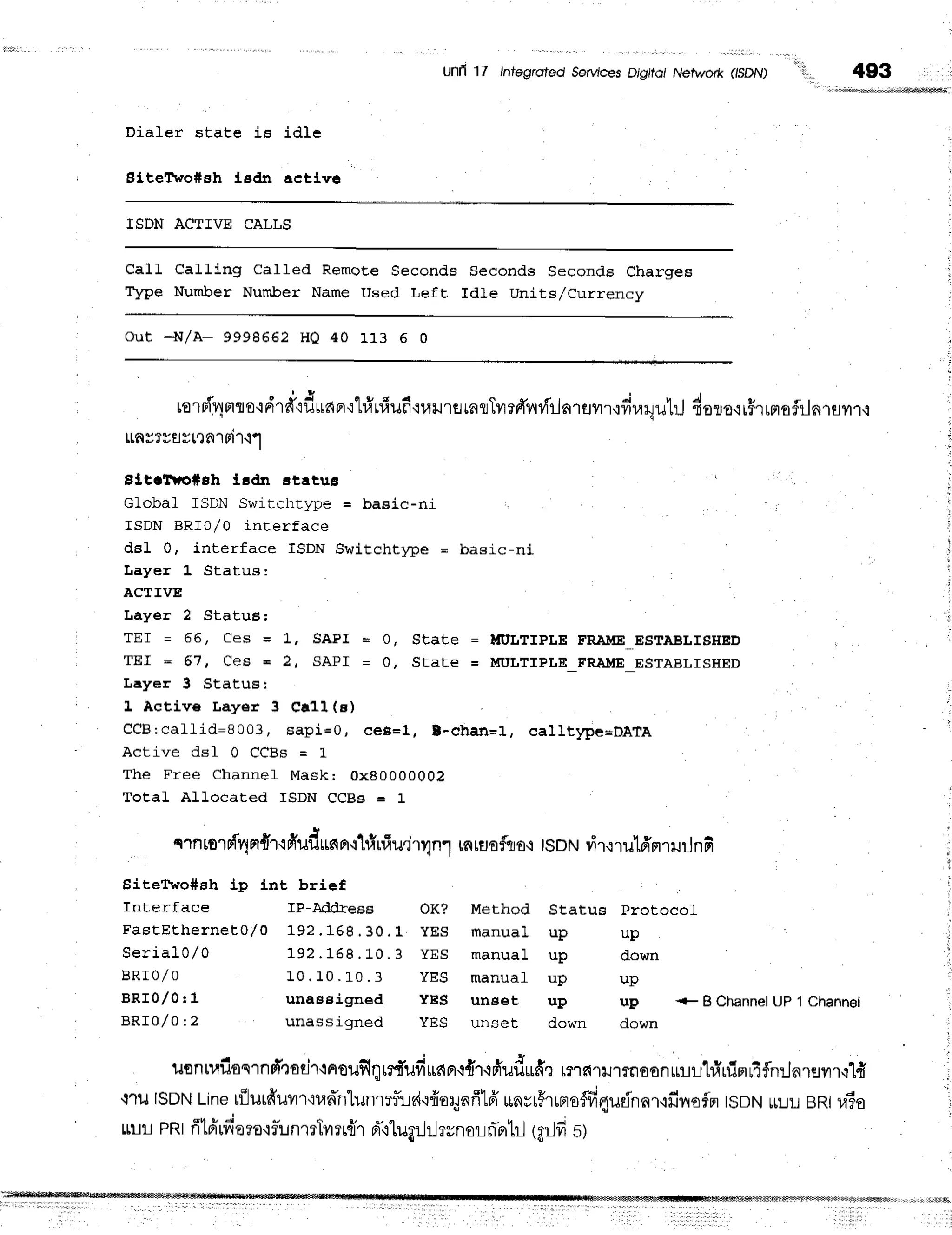 Unfi 17 ,ntegrotedSeru/ces
DigitotNetwork(ISDN)
''iilll,,
4gg
Diafer staEe is idle
SlteTrvo#eh ledn actlve
ISDN ACTIVE CALLS
Ca]] Calling Called Remot,e Seconds Seconds Seconds Charqes
Type Number Number Name Used Left, IdLe Units/Currency
out -t'I/A- 9998662 HQ 40 113 5 0
rorni.rlnro.:drd'rduner'rt#r#ufi'ruurernlTvrrfrnvirlaruvrr'rdr,r4utrJ
does.ru$rrflofliln.rflvr.l,l
ttnyfyaytln'lFi1.i1
EltclYo*sh ltdn atetuE
Global ISDN Swit_chtype = baeic-nr l
ISDN BRI0/0 interface
dsl 0, interface ISDN Switchtype = basic-ni
Layer L Status:
ACTIVE
IJayer 2 StatuB;
. TEI = 55T CCS = 1, SAPI = Q, STATC = }TUIJTIPLEFRAI{E-ESEAELISHED
, TEI - 67, Ces = 2, SAPI = 0, State = MULTIPLE FRjA}IEESTABLTSHED
Layer 3 St.atus i
' 1 Active Layer 3 Ca1l (g)
CCB:callid=8003, sapi=0, eeB=l, F-chan=1, calltype=DATA
' Active dsf 0 CCBs = i.
The Free Channef Mask: 0x80000004
Total_ Allocared ISDN CCBg = 1
qlnro'r
Fiy!
n{T,i
#udrnfi,i1#uiu.j
rvln1 rnruo
fflo,i tSDruvir.lrul6'm
rurJ
nfi
Sitetwo#sh Ip tnt brief
Interface IP-Address OK? Method Status protocof
FaEtEtherneto/ 0 192, 169. 30. 1 yES ma n u a l u p u p
S e r i a l 0 / 0 1 9 2 . 1 6 8 . 1 0 . 3 y E S m a n u a l u p d o w n
B R I 0 / 0 1 0 . 1 0 . 1 0 . 3 y E S m a n u a f u p u p
BRI0/0 I 1 unaeeigned yES unset up up + B Channel
Up 1 Channel
' BRI0/0:2 unassigned yES unset down down
ilonDtilos'lnp1":oti,
'lnouflqrrfudunnr,r{r.rd'udrfi.J
rr'r€{''l}J'rrnoonrrurtiuim14fln:JnrHilr,i1fi
.l'luISDN
Linetilut#uilr{unnlunreflLd'o{oilAfilfr
$nurhraoffi4udnnr,lfinofln
tSDN
ulL BRt
u?o
'
Iml pnrfftfiufiaro.lflr:nmTvrnfrr
d',llugrJrJrunoLnTfitll
(flilfis)
 