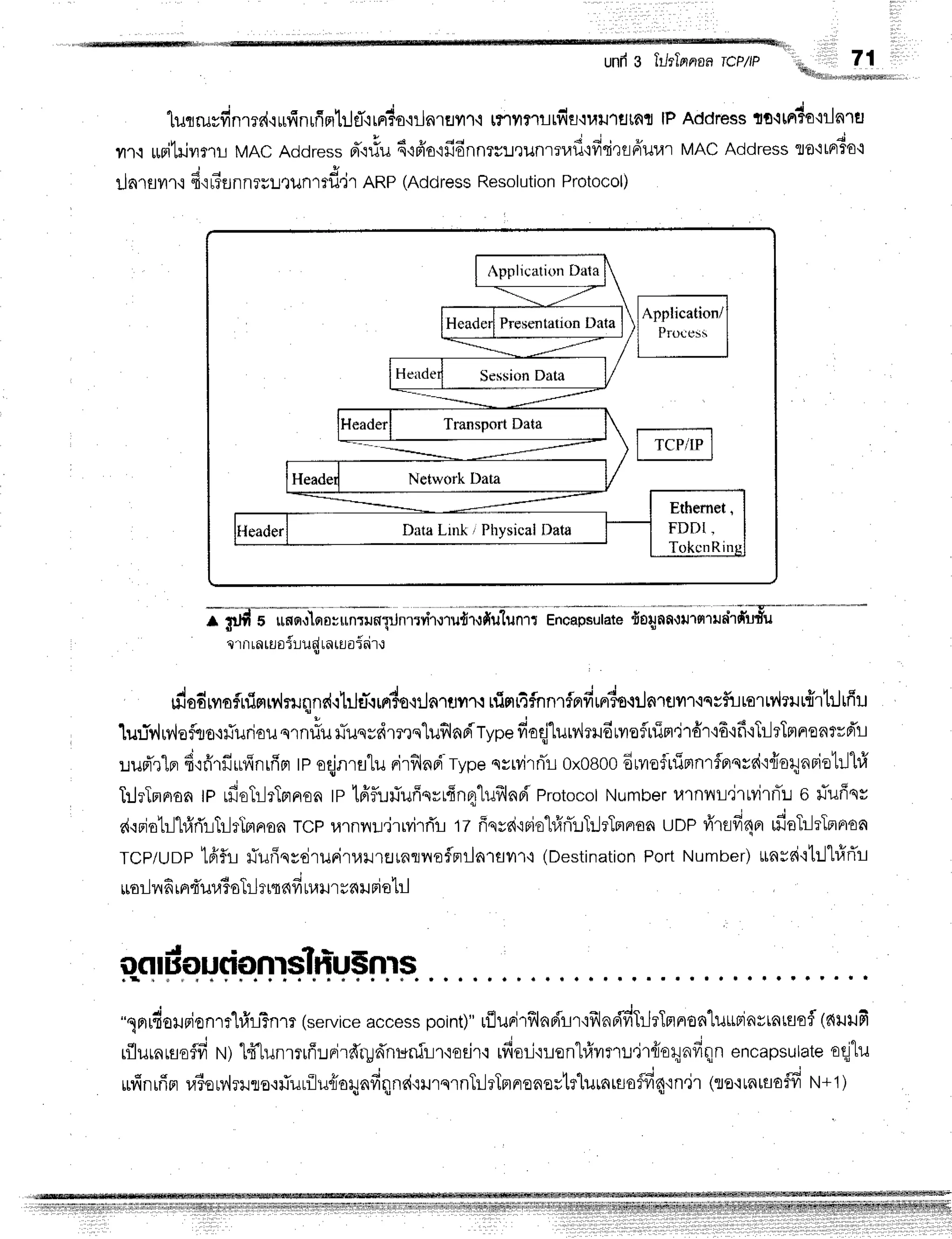 unfr3 lrJrTernrol
TcP/tP
tu,;;:;;.JJ*
luqruyfinred.irrfinrfimhjcT'irrr?o'iilnrflil''r-i
trrylriltfifl,n,rtJ"ru[A1l
lPAddress
to'ltn?o'ilnru
Tr,i l$ilililmL MACAddress
d',:rTu
6qfro'lfi6nnrs:lrunrrvrf
ifid']flfruu'r
MACAddress
to'lrrr3o{
' o o
-
Ua'ruvl'r,:
"tr'i
rrEJ
nn?uLtunrtfl'jr ARP(AddressResol
utionProtocol)
ApplicationDtla
;ilid; ffi ffi ;;
"
-n'"##ilil{ilffiffi ;; E;il;; i;i; fiJ4
n
n.r
ui''' u*h
d'u"fru
e'rn
rnruorLud
tntra5oir.:
uiodryoflnimn{ruqns{.:hJET.rrFrdo,llnrunr.r
rfinrtfnnrfnfir"rds.rrJnruilf
iqvfirtorLv,lrur"{rtrJrfiu
luTiv,luv'loiuo+fudou
qrnriur-uqydmrn'[uflarirype
ffoqj"[urv',lrud
rvroirrim'jr6'r'i6'if
iTilrTmnen?rpTt-t
:.rupTr"lpr
f ifirffufinrfirr
teo{nru"[u
drflnrirypeqrtvirnTr
0x0800
6rvroirrimnrfnnrait{or1nriol:Jl#
TlrTmnon
tprfioTrlrTmnon
tplfrf,r:fuffnrlfin4"lufrlnpi
Protocol
Number
urnnl'jrtvirfluo fiuffqs
s{'rFjo1il1#fl'rTrlrTsrnsa
tcp urnnu.irMrrTrtz fiqvai'iFie"l#flr-rTrJrTnnran
uoe fr'rrfr4er
ufioTrlrTnnon
TCP/UDp
tpifurlur5qydruriruilrernrl,reflnilaraur,r
(Destination
Port
Number)
unrai't1ll"l#fl1-l
ruor-h,rfi
rn{'ur,l6sTrhrrnfi
urarur
rnuriet:l
J . t s
ocr|nou(ronrsIhusnrs
"lnrudourionrrl#rlTnm
(service
access
point)"
rflurirfrlnBirr'ifrlnf{'fiTilrTBlnon"[uusinvtnrsofl
(rtllt6
* , o J - . .
" -
q I y q r ,
'
rruLnrflolyr
r',r)
n runrlff:rnirdupd'nunirr'iodr{
rfiori'n-Lon"[rivrnr.r'ir{oqnfiqn
encapsulate
oq]1u
urfinuin
uieMmno.uiuriJurio4nfi4nai'rilrqrnTilrTnnrenortrlurauroffiq'in'ir
(se'rtntsaffi
trt+t)
 