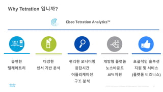 Why Tetration 입니까?
유연한
텔레메트리
다양한
센서 기반 분석
편리한 모니터링
응답시간
어플리케이션
구조 분석
개방형 플랫폼
노스바운드
API 지원
VM
포괄적인 솔루션
지원 및 서비스
(플랫폼 비즈니스)
Cisco Tetration Analytics™
 