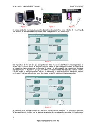 Figura 1 Figura 2 Figura 3
No existen símbolos estandarizados para los dispositivos de usuario final en la industria de networking.
Son similares en apariencia a los dispositivos reales para permitir su fácil identificación.
Figura 4
Los dispositivos de red son los que transportan los datos que deben transferirse entre dispositivos de
usuario final. Los dispositivos de red proporcionanel tendido de las conexiones de cable, la concentración
de conexiones, la conversión de los formatos de datos y la administración de transferencia de datos.
Algunos ejemplos de dispositivos que ejecutan estas funciones son los repetidores, hubs, puentes, switches
y routers. Todos los dispositivos de red que aquí se mencionan, se tratarán con mayor detalle más adelante
en el curso. Por ahora se brinda una breve descripción general de los dispositivos de networking.
Figura 5
Un repetidor es un dispositivo de red que se utiliza para regenerar una señal. Los repetidores regeneran
señales analógicas o digitales que se distorsionan a causa de pérdidas en la transmisión producidas por la
http://librosysolucionarios.net
 