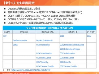 【新】シスコ技術者認定
Trainocate Japan, Ltd. All rights reserved. 2
◼ DevNetが新たな認定として登場
◼ 前提条件が排除 (CCNP xxx 認定には CCNA xxx認定取得が必須など)
◼ CCENTは終了、CCNAは１つに ＊CCNA Cyber Opsは現状維持
◼ CCNPは５つのテクノロジーカテゴリーに （EN, Collab, DC, Sec, SP)
◼ CCIEの各テクノロジーの筆記試験がCCNPのコア試験と同じ試験に
シスコ技術者認定 2020年2月24日より
エントリー アソシエイト プロフェッショナル エキスパート アーキテクト
CCT CCDE CCAr
DevNet Associate DevNet Professional
CCNA CCNP Enterprise CCIE Enterprise Infrastructure
CCIE Enterprise Wireless
CCNP Collaboration CCIE Collaboration
CCNP Data Center CCIE Data Center
CCNP Security CCIE Security
CCNP Service Provider CCIE Service Provider
◼ 参照 https://www.cisco.com/jp/go/nextlevel
 
