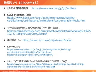 参照リンク（Ciscoサイト）
Trainocate Japan, Ltd. All rights reserved. 20
◼ 【新】シスコ技術者認定 https://www.cisco.com/jp/go/nextlevel
◼ CCNP Migration Tools
https://www.cisco.com/c/en/us/training-events/training-
certifications/certifications/professional/ccnp-migration-tools.html
◼ シスコ技術者認定ロードマップ PDF版（2019年11月版）
https://learningnetwork.cisco.com/servlet/JiveServlet/previewBody/15695-
102-27-158140/CiscoCertGuide.pdf
◼ 再認定ポリシー https://www.cisco.com/jp/go/recertification
◼ DevNet認定
https://www.cisco.com/c/ja_jp/training-events/training-
certifications/certifications/devnet.html
https://developer.cisco.com/certification/
◼ トレーニングと認定に関するよくあるお問い合わせとその回答（FAQ）
https://www.cisco.com/c/dam/global/ja_jp/training-events/training-
certifications/training-certification-faqs.pdf
 