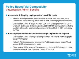 Policy Based VM Connectivity
Virtualization Admin Benefits

  Accelerate & Simplify deployment of new ESX hosts
    – Network Admin provisions physical switch trunks & ESX host PNICs in a
      uniform and consistent way (takes care of both sides of physical connection)
    – Virtualization Admin 1) plugs in a new ESX host, 2) assigns PNICs to Cisco
      vNetwork Distributed Switch in vCenter, 3) ESX PNIC configuration (including
      vMotion & Console) automatically assigned and enabled, 4) ESX host ready
      for VMs
  Ensure proper connectivity & networking safeguards are in place
    – Virtualization Admin leverages existing workflow (vCenter & Port Groups) to
      assign VNIC policy.
    – Network Admin responsible for ensuring Port Groups provide proper VLAN
      access & DC network security policy
    – Cisco Nexus 1000V extends VM networking to include IP/Port security rules,
      multi-host PVLAN, Flow Statistics, Quality of Service.
 
