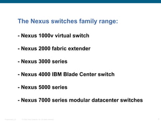The Nexus switches family range:

                  - Nexus 1000v virtual switch

                  - Nexus 2000 fabric extender

                  - Nexus 3000 series

                  - Nexus 4000 IBM Blade Center switch

                  - Nexus 5000 series

                  - Nexus 7000 series modular datacenter switches


Presentation_ID    © 2006 Cisco Systems, Inc. All rights reserved.   4
 
