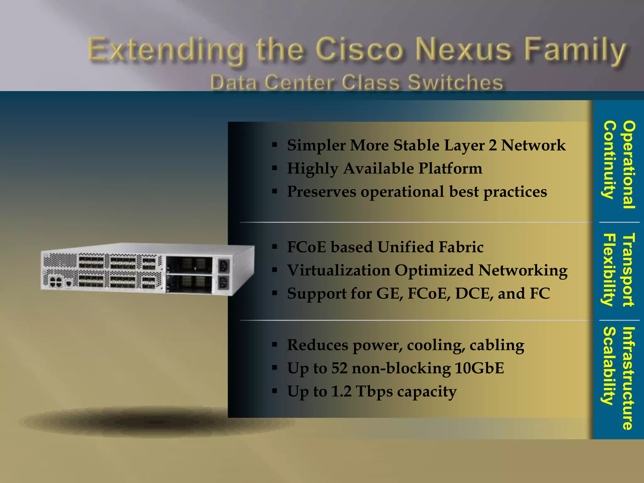  Simpler More Stable Layer 2 Network
 Highly Available Platform
 Preserves operational best practices
 FCoE based Unified Fabric
 Virtualization Optimized Networking
 Support for GE, FCoE, DCE, and FC
 Reduces power, cooling, cabling
 Up to 52 non-blocking 10GbE
 Up to 1.2 Tbps capacity
Infrastructure
Scalability
Transport
Flexibility
Operational
Continuity
 