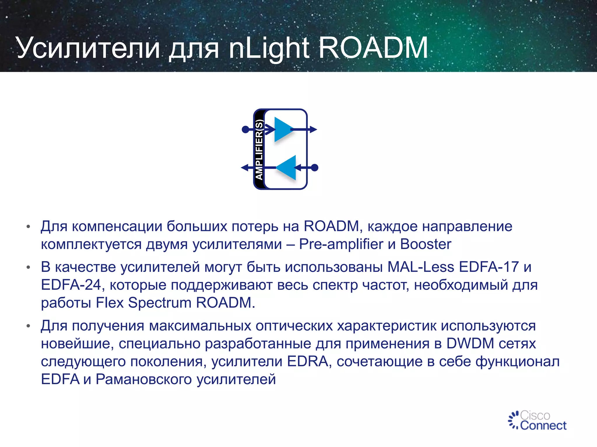 AMPLIFIER(S)

Усилители для nLight ROADM

• Для компенсации больших потерь на ROADM, каждое направление

комплектуется двумя усилителями – Pre-amplifier и Booster
• В качестве усилителей могут быть использованы MAL-Less EDFA-17 и

EDFA-24, которые поддерживают весь спектр частот, необходимый для
работы Flex Spectrum ROADM.
• Для получения максимальных оптических характеристик используются

новейшие, специально разработанные для применения в DWDM сетях
следующего поколения, усилители EDRA, сочетающие в себе функционал
EDFA и Рамановского усилителей

 