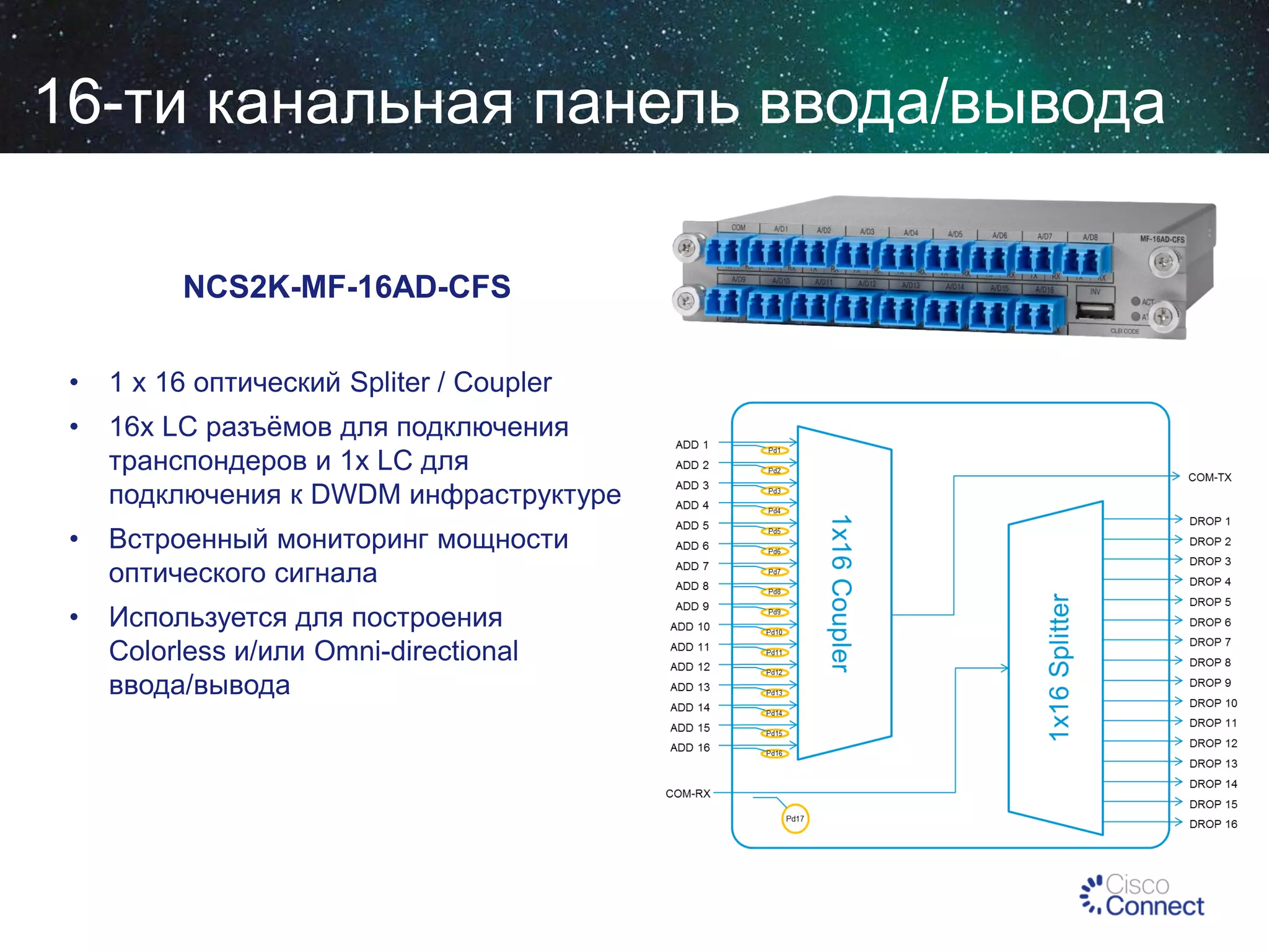 16-ти канальная панель ввода/вывода
NCS2K-MF-16AD-CFS
•

1 x 16 оптический Spliter / Coupler

•

16x LC разъёмов для подключения
транспондеров и 1x LC для
подключения к DWDM инфраструктуре

•

Встроенный мониторинг мощности
оптического сигнала

•

Используется для построения
Colorless и/или Omni-directional
ввода/вывода

 