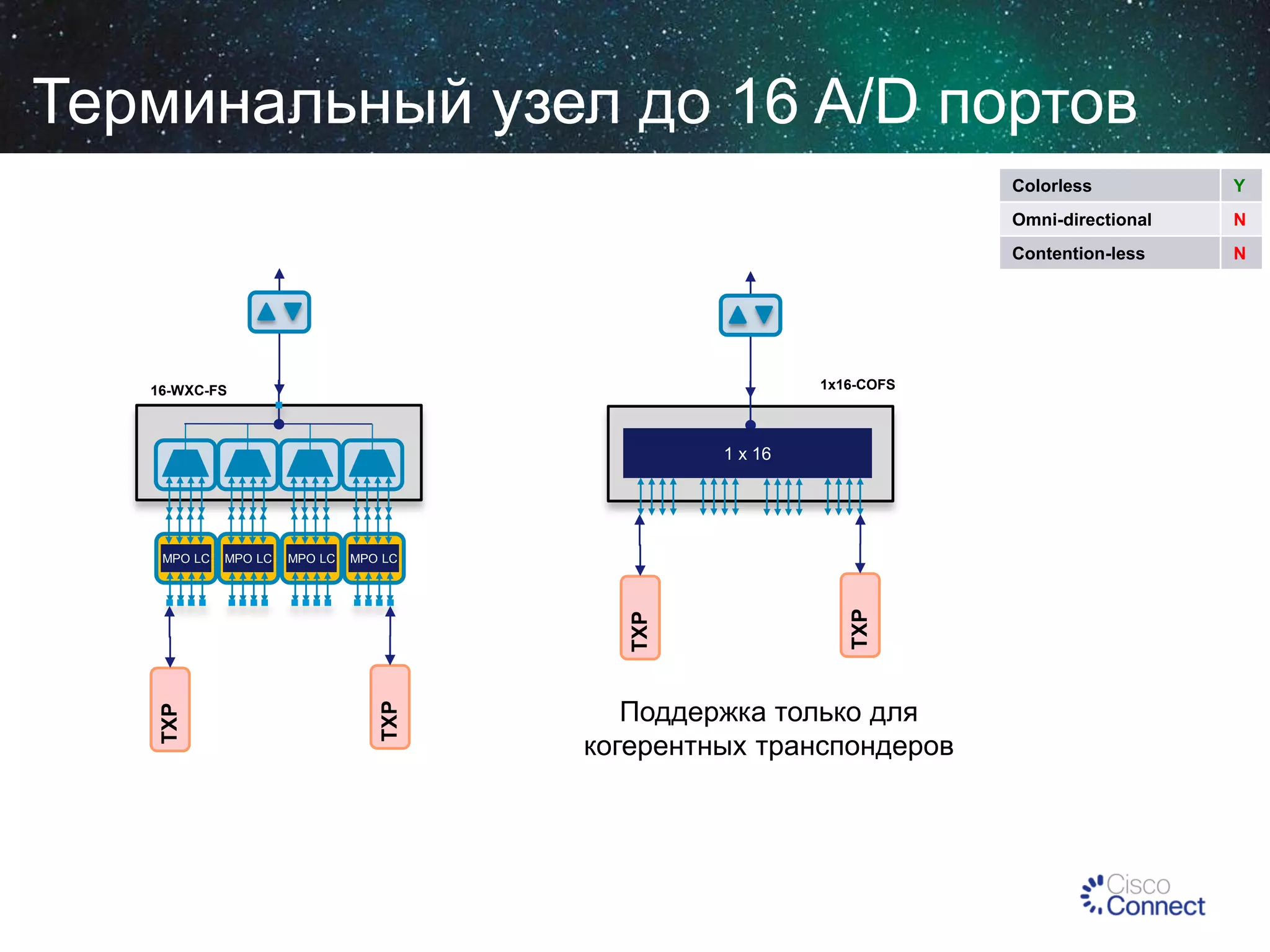 Терминальный узел до 16 A/D портов
Colorless
Omni-directional

1x16-COFS

1 x 16

MPO LC

MPO LC

TXP

TXP

TXP

MPO LC

TXP

MPO LC

Поддержка только для
когерентных транспондеров

N

Contention-less

16-WXC-FS

Y

N

 