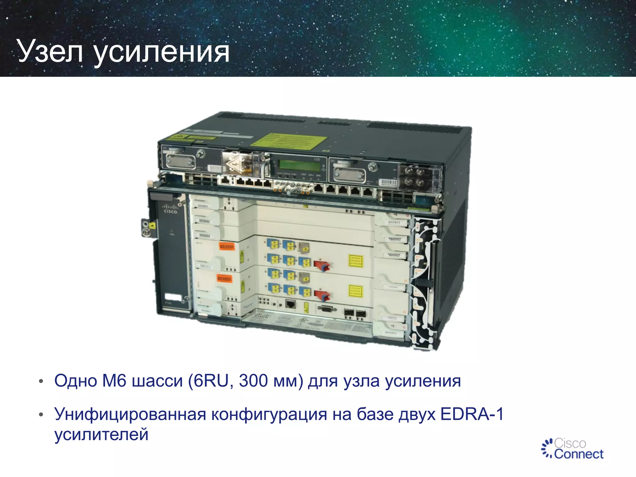 Узел усиления

• Одно M6 шасси (6RU, 300 мм) для узла усиления
• Унифицированная конфигурация на базе двух EDRA-1

усилителей

 