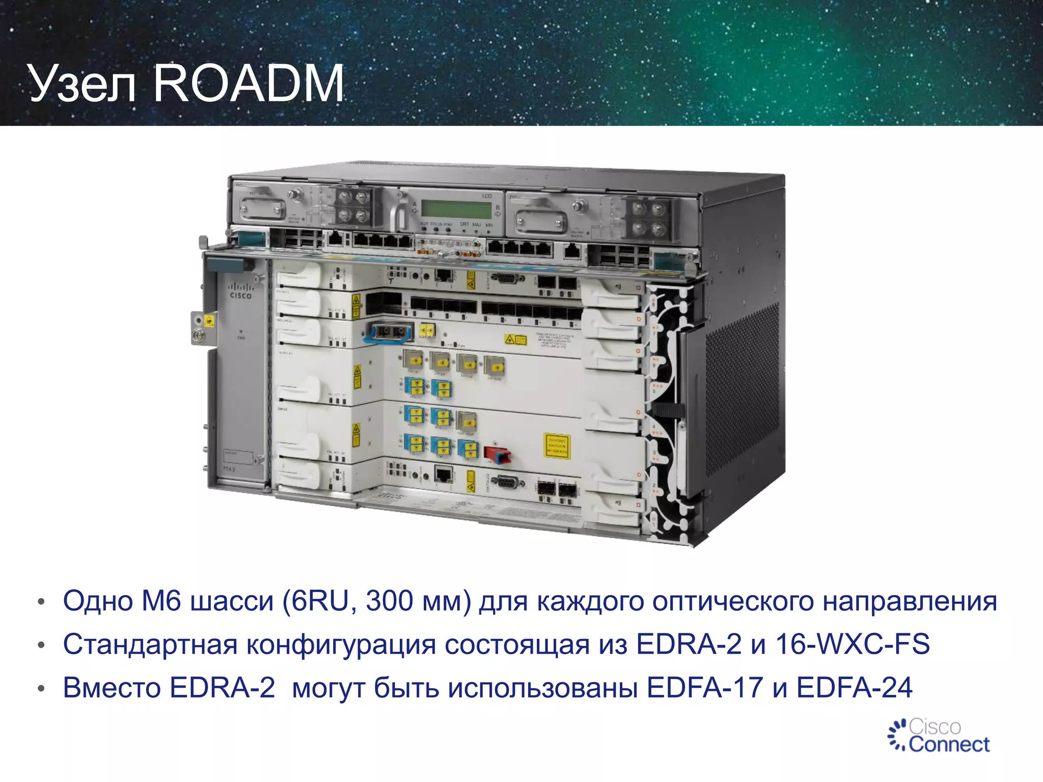 Узел ROADM

• Одно M6 шасси (6RU, 300 мм) для каждого оптического направления

• Стандартная конфигурация состоящая из EDRA-2 и 16-WXC-FS
• Вместо EDRA-2 могут быть использованы EDFA-17 и EDFA-24

 