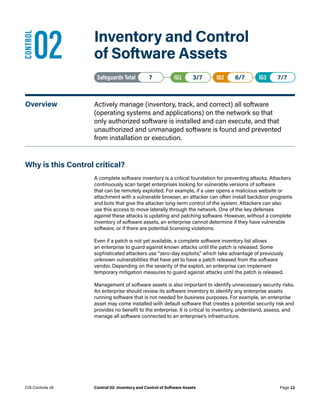 02	 Inventory and Control
of Software Assets
Safeguards Total• 7 IG1• 3/7   IG2• 6/7   IG3• 7/7
Overview	 Actively manage (inventory, track, and correct) all software
(operating systems and applications) on the network so that
only authorized software is installed and can execute, and that
unauthorized and unmanaged software is found and prevented
from installation or execution.
Why is this Control critical?
A complete software inventory is a critical foundation for preventing attacks. Attackers
continuously scan target enterprises looking for vulnerable versions of software
that can be remotely exploited. For example, if a user opens a malicious website or
attachment with a vulnerable browser, an attacker can often install backdoor programs
and bots that give the attacker long-term control of the system. Attackers can also
use this access to move laterally through the network. One of the key defenses
against these attacks is updating and patching software. However, without a complete
inventory of software assets, an enterprise cannot determine if they have vulnerable
software, or if there are potential licensing violations.
Even if a patch is not yet available, a complete software inventory list allows
an enterprise to guard against known attacks until the patch is released. Some
sophisticated attackers use “zero-day exploits,” which take advantage of previously
unknown vulnerabilities that have yet to have a patch released from the software
vendor. Depending on the severity of the exploit, an enterprise can implement
temporary mitigation measures to guard against attacks until the patch is released.
Management of software assets is also important to identify unnecessary security risks.
An enterprise should review its software inventory to identify any enterprise assets
running software that is not needed for business purposes. For example, an enterprise
asset may come installed with default software that creates a potential security risk and
provides no benefit to the enterprise. It is critical to inventory, understand, assess, and
manage all software connected to an enterprise’s infrastructure.
CONTROL
Page 12
CIS Controls v8 Control 02: Inventory and Control of Software Assets
 