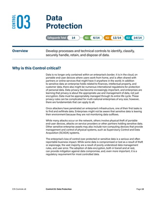 03	 Data
Protection
Safeguards Total• 14 IG1• 6/14   IG2• 12/14   IG3• 14/14
Overview	 Develop processes and technical controls to identify, classify,
securely handle, retain, and dispose of data.
Why is this Control critical?
Data is no longer only contained within an enterprise’s border; it is in the cloud, on
portable end-user devices where users work from home, and is often shared with
partners or online services that might have it anywhere in the world. In addition
to sensitive data an enterprise holds related to finances, intellectual property, and
customer data, there also might be numerous international regulations for protection
of personal data. Data privacy has become increasingly important, and enterprises are
learning that privacy is about the appropriate use and management of data, not just
encryption. Data must be appropriately managed through its entire life cycle. These
privacy rules can be complicated for multi-national enterprises of any size; however,
there are fundamentals that can apply to all.
Once attackers have penetrated an enterprise’s infrastructure, one of their first tasks is
to find and exfiltrate data. Enterprises might not be aware that sensitive data is leaving
their environment because they are not monitoring data outflows.
While many attacks occur on the network, others involve physical theft of portable
end-user devices, attacks on service providers or other partners holding sensitive data.
Other sensitive enterprise assets may also include non-computing devices that provide
management and control of physical systems, such as Supervisory Control and Data
Acquisition (SCADA) systems.
The enterprise’s loss of control over protected or sensitive data is a serious and often
reportable business impact. While some data is compromised or lost as a result of theft
or espionage, the vast majority are a result of poorly understood data management
rules, and user error. The adoption of data encryption, both in transit and at rest,
can provide mitigation against data compromise, and, even more important, it is a
regulatory requirement for most controlled data.
CONTROL
Page 15
CIS Controls v8 Control 03: Data Protection
 
