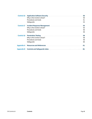 Control 16. Application Software Security..............................................................................50
Why is this Control critical?	 50
Procedures and tools	 51
Safeguards	53
Control 17. Incident Response Management...........................................................................55
Why is this Control critical?	 55
Procedures and tools	 56
Safeguards	56
Control 18. Penetration Testing..............................................................................................58
Why is this Control critical?	 58
Procedures and tools	 59
Safeguards	60
Appendix A. Resources and References.................................................................................. A1
Appendix B. Controls and Safeguards Index............................................................................ B1
Page iii
CIS Controls v8 Contents
 