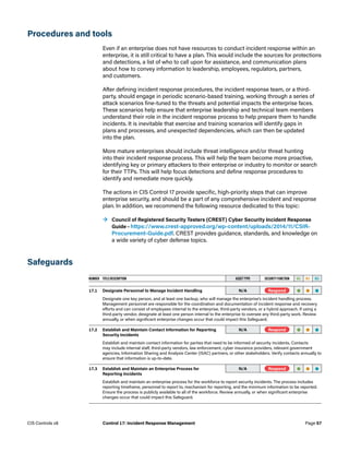 Procedures and tools
Even if an enterprise does not have resources to conduct incident response within an
enterprise, it is still critical to have a plan. This would include the sources for protections
and detections, a list of who to call upon for assistance, and communication plans
about how to convey information to leadership, employees, regulators, partners,
and customers.
After defining incident response procedures, the incident response team, or a third-
party, should engage in periodic scenario-based training, working through a series of
attack scenarios fine-tuned to the threats and potential impacts the enterprise faces.
These scenarios help ensure that enterprise leadership and technical team members
understand their role in the incident response process to help prepare them to handle
incidents. It is inevitable that exercise and training scenarios will identify gaps in
plans and processes, and unexpected dependencies, which can then be updated
into the plan.
More mature enterprises should include threat intelligence and/or threat hunting
into their incident response process. This will help the team become more proactive,
identifying key or primary attackers to their enterprise or industry to monitor or search
for their TTPs. This will help focus detections and define response procedures to
identify and remediate more quickly.
The actions in CIS Control 17 provide specific, high-priority steps that can improve
enterprise security, and should be a part of any comprehensive incident and response
plan. In addition, we recommend the following resource dedicated to this topic:
	
→ Council of Registered Security Testers (CREST) Cyber Security Incident Response
Guide – https://www.crest-approved.org/wp-content/uploads/2014/11/CSIR-
Procurement-Guide.pdf. CREST provides guidance, standards, and knowledge on
a wide variety of cyber defense topics.
Safeguards
NUMBER TITLE/DESCRIPTION ASSET TYPE SECURITY FUNCTION IG1 IG2 IG3
17.1 Designate Personnel to Manage Incident Handling N/A -Respond- • • •
Designate one key person, and at least one backup, who will manage the enterprise’s incident handling process.
Management personnel are responsible for the coordination and documentation of incident response and recovery
efforts and can consist of employees internal to the enterprise, third-party vendors, or a hybrid approach. If using a
third-party vendor, designate at least one person internal to the enterprise to oversee any third-party work. Review
annually, or when significant enterprise changes occur that could impact this Safeguard.
17.2 Establish and Maintain Contact Information for Reporting
Security Incidents
N/A -Respond- • • •
Establish and maintain contact information for parties that need to be informed of security incidents. Contacts
may include internal staff, third-party vendors, law enforcement, cyber insurance providers, relevant government
agencies, Information Sharing and Analysis Center (ISAC) partners, or other stakeholders. Verify contacts annually to
ensure that information is up-to-date.
17.3 Establish and Maintain an Enterprise Process for
Reporting Incidents
N/A -Respond- • • •
Establish and maintain an enterprise process for the workforce to report security incidents. The process includes
reporting timeframe, personnel to report to, mechanism for reporting, and the minimum information to be reported.
Ensure the process is publicly available to all of the workforce. Review annually, or when significant enterprise
changes occur that could impact this Safeguard.
Page 57
CIS Controls v8 Control 17: Incident Response Management
 
