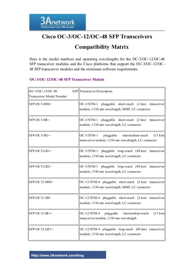 Cisco oc 3 oc12 oc48 sfp transceivers compatibility matrix