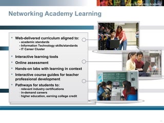 10
Networking Academy Learning
 Web-delivered curriculum aligned to:
- academic standards
- Information Technology skills/standards
- IT Career Cluster
 Interactive learning tools
 Online assessment
 Hands-on labs with learning in context
 Interactive course guides for teacher
professional development
 Pathways for students to:
- relevant industry certifications
- in-demand careers
- higher education, earning college credit
 