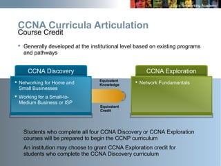 31
CCNA Curricula Articulation
Course Credit
 Generally developed at the institutional level based on existing programs
and pathways
CCNA Exploration
 Network FundamentalsEquivalent
Knowledge
Equivalent
Credit
CCNA Discovery
 Networking for Home and
Small Businesses
 Working for a Small-to-
Medium Business or ISP
 Students who complete all four CCNA Discovery or CCNA Exploration
courses will be prepared to begin the CCNP curriculum
 An institution may choose to grant CCNA Exploration credit for
students who complete the CCNA Discovery curriculum
 