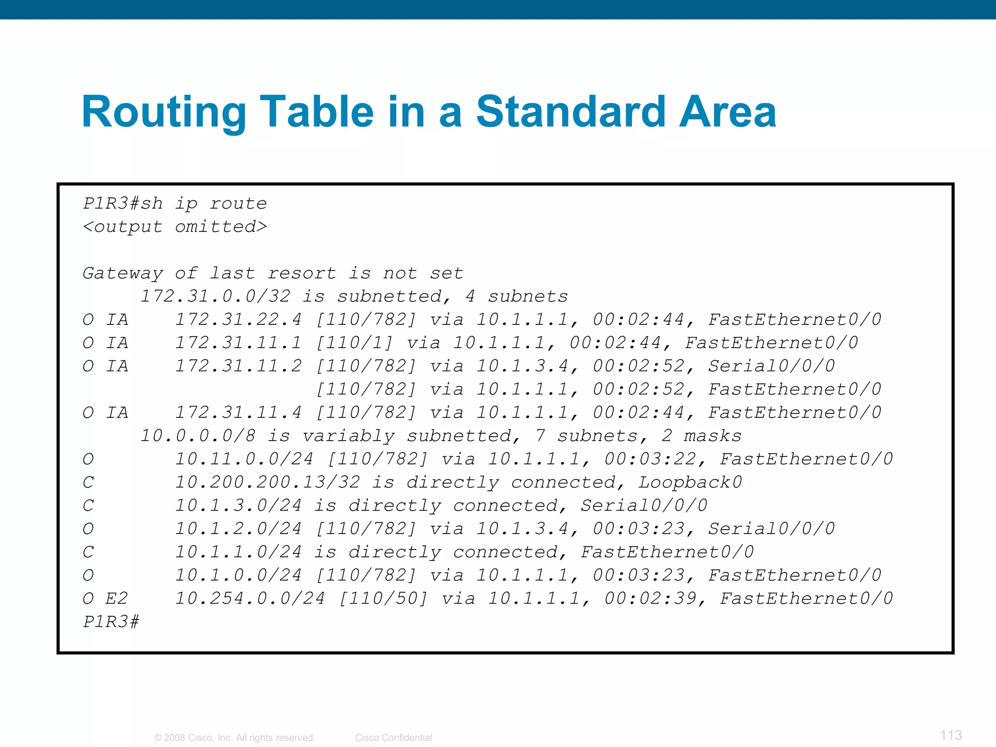 Routing Table in a Standard Area
P1R3#sh ip route
<output omitted>

Gateway of last resort is not set
     172.31.0.0/32 is subnetted, 4 subnets
O IA    172.31.22.4 [110/782] via 10.1.1.1, 00:02:44, FastEthernet0/0
O IA    172.31.11.1 [110/1] via 10.1.1.1, 00:02:44, FastEthernet0/0
O IA    172.31.11.2 [110/782] via 10.1.3.4, 00:02:52, Serial0/0/0
                    [110/782] via 10.1.1.1, 00:02:52, FastEthernet0/0
O IA    172.31.11.4 [110/782] via 10.1.1.1, 00:02:44, FastEthernet0/0
     10.0.0.0/8 is variably subnetted, 7 subnets, 2 masks
O       10.11.0.0/24 [110/782] via 10.1.1.1, 00:03:22, FastEthernet0/0
C       10.200.200.13/32 is directly connected, Loopback0
C       10.1.3.0/24 is directly connected, Serial0/0/0
O       10.1.2.0/24 [110/782] via 10.1.3.4, 00:03:23, Serial0/0/0
C       10.1.1.0/24 is directly connected, FastEthernet0/0
O       10.1.0.0/24 [110/782] via 10.1.1.1, 00:03:23, FastEthernet0/0
O E2    10.254.0.0/24 [110/50] via 10.1.1.1, 00:02:39, FastEthernet0/0
P1R3#




      © 2008 Cisco, Inc. All rights reserved.   Cisco Confidential       113
 