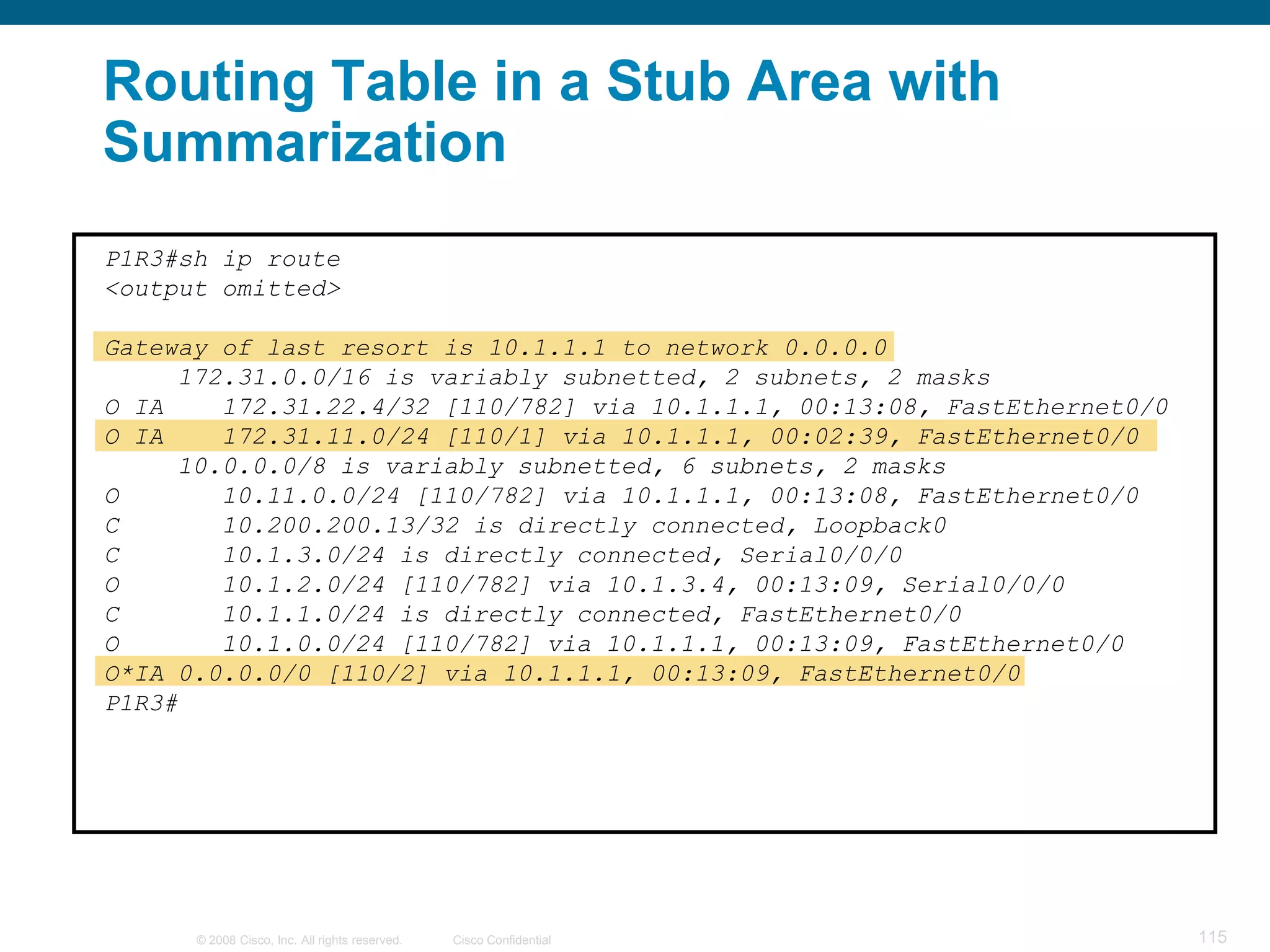 Routing Table in a Stub Area with
Summarization
P1R3#sh ip route
<output omitted>

Gateway of last resort is 10.1.1.1 to network 0.0.0.0
     172.31.0.0/16 is variably subnetted, 2 subnets, 2 masks
O IA    172.31.22.4/32 [110/782] via 10.1.1.1, 00:13:08, FastEthernet0/0
O IA    172.31.11.0/24 [110/1] via 10.1.1.1, 00:02:39, FastEthernet0/0
     10.0.0.0/8 is variably subnetted, 6 subnets, 2 masks
O       10.11.0.0/24 [110/782] via 10.1.1.1, 00:13:08, FastEthernet0/0
C       10.200.200.13/32 is directly connected, Loopback0
C       10.1.3.0/24 is directly connected, Serial0/0/0
O       10.1.2.0/24 [110/782] via 10.1.3.4, 00:13:09, Serial0/0/0
C       10.1.1.0/24 is directly connected, FastEthernet0/0
O       10.1.0.0/24 [110/782] via 10.1.1.1, 00:13:09, FastEthernet0/0
O*IA 0.0.0.0/0 [110/2] via 10.1.1.1, 00:13:09, FastEthernet0/0
P1R3#




      © 2008 Cisco, Inc. All rights reserved.   Cisco Confidential         115
 