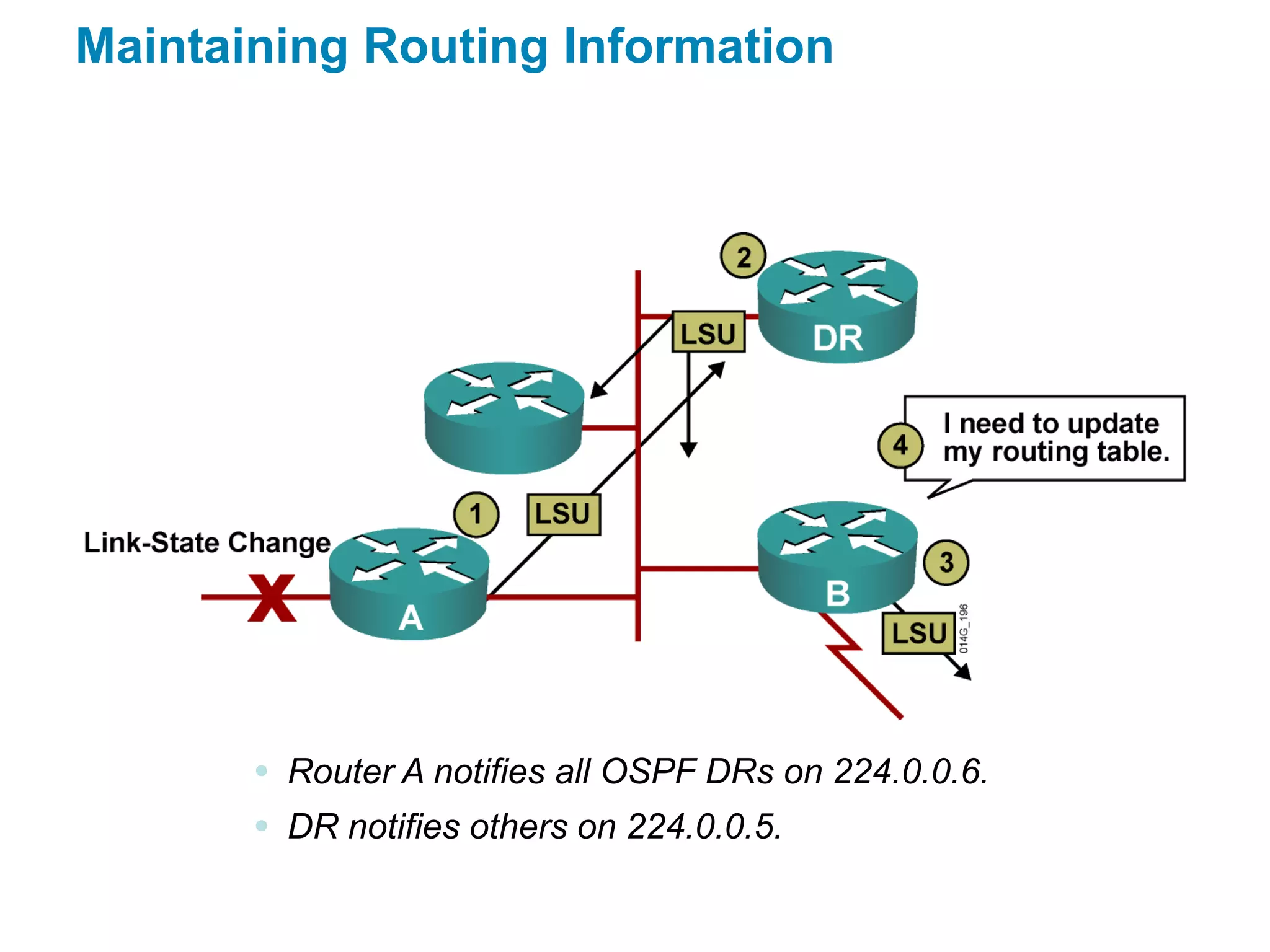 Maintaining Routing Information




       • Router A notifies all OSPF DRs on 224.0.0.6.
       • DR notifies others on 224.0.0.5.
 