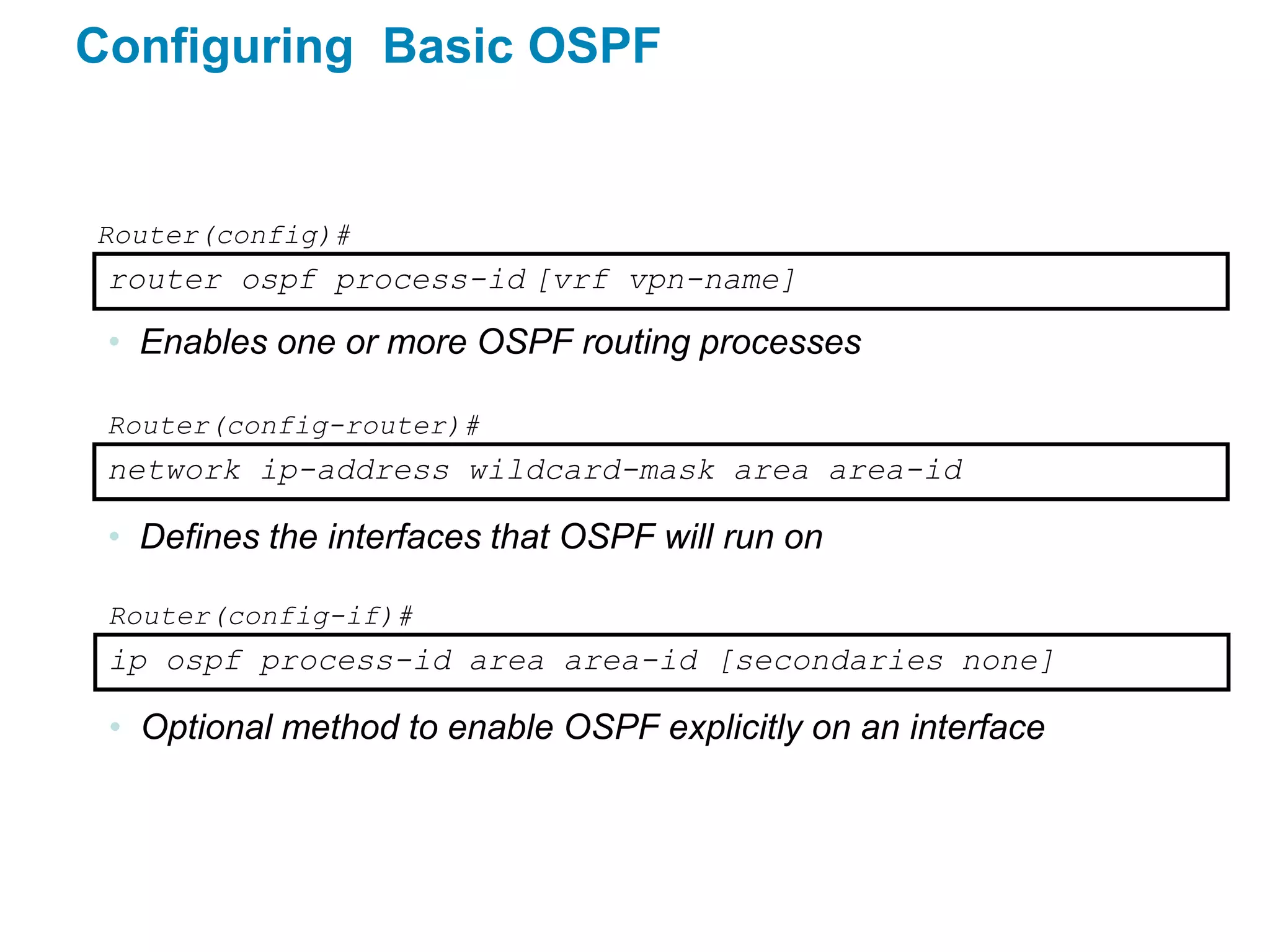 Configuring Basic OSPF


Router(config)#
 router ospf process-id [vrf vpn-name]

 • Enables one or more OSPF routing processes

 Router(config-router)#
 network ip-address wildcard-mask area area-id

 • Defines the interfaces that OSPF will run on

 Router(config-if)#
 ip ospf process-id area area-id [secondaries none]

 • Optional method to enable OSPF explicitly on an interface
 