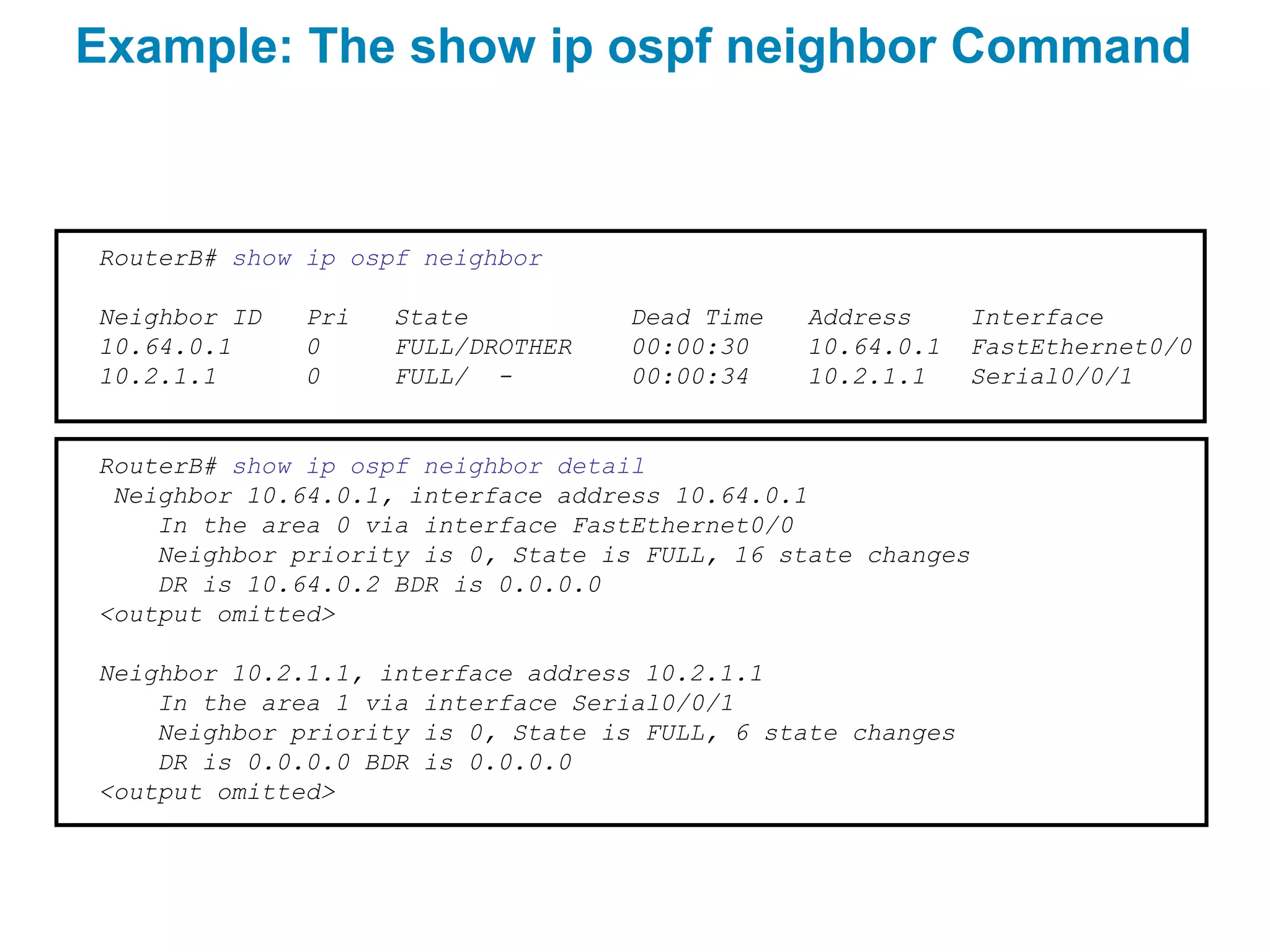 Example: The show ip ospf neighbor Command



RouterB# show ip ospf neighbor

Neighbor ID   Pri   State          Dead Time   Address       Interface
10.64.0.1     0     FULL/DROTHER   00:00:30    10.64.0.1     FastEthernet0/0
10.2.1.1      0     FULL/ -        00:00:34    10.2.1.1      Serial0/0/1


RouterB# show ip ospf neighbor detail
 Neighbor 10.64.0.1, interface address 10.64.0.1
    In the area 0 via interface FastEthernet0/0
    Neighbor priority is 0, State is FULL, 16 state changes
    DR is 10.64.0.2 BDR is 0.0.0.0
<output omitted>

Neighbor 10.2.1.1, interface address 10.2.1.1
    In the area 1 via interface Serial0/0/1
    Neighbor priority is 0, State is FULL, 6 state changes
    DR is 0.0.0.0 BDR is 0.0.0.0
<output omitted>
 