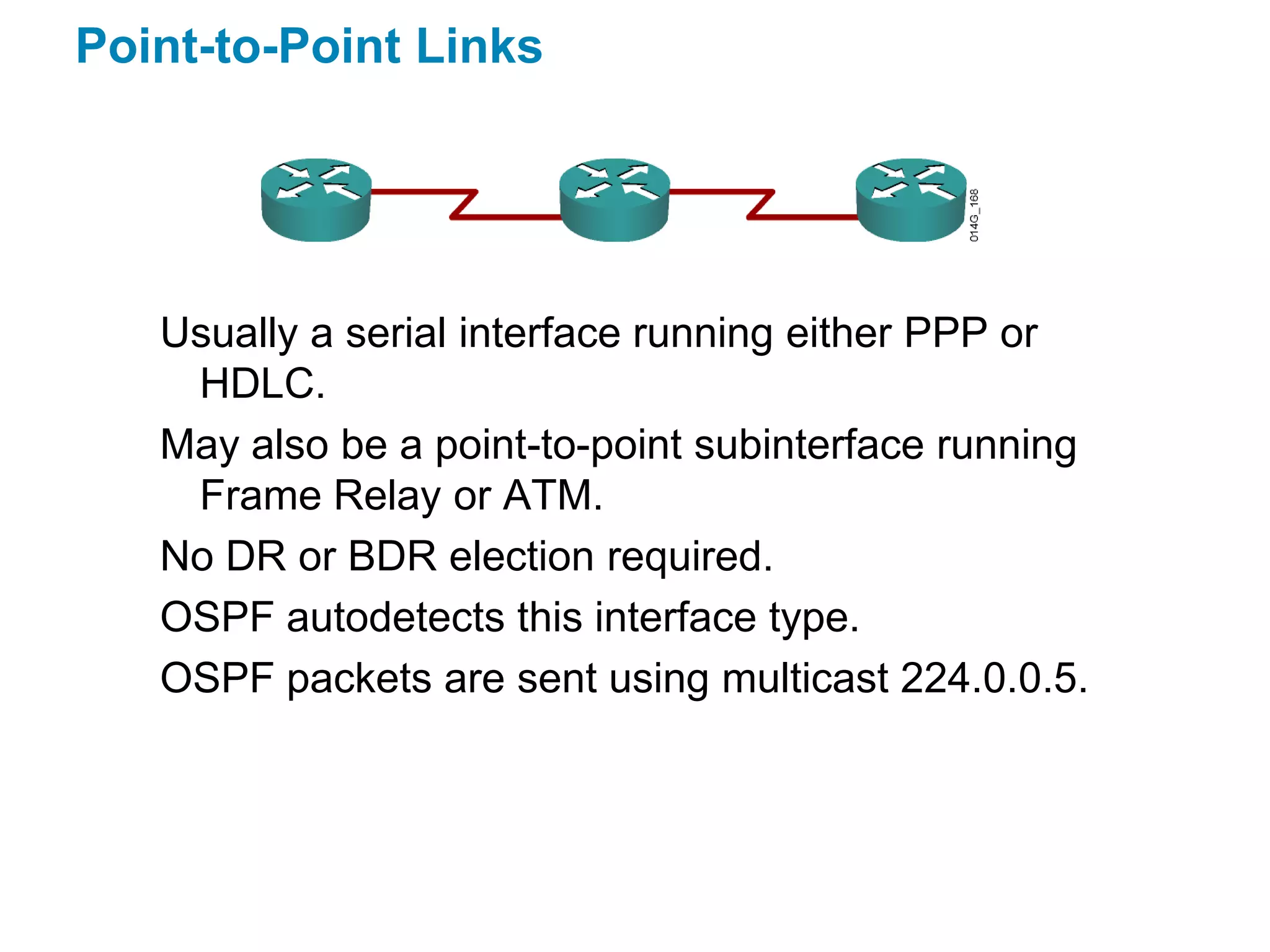 Point-to-Point Links




   Usually a serial interface running either PPP or
    HDLC.
   May also be a point-to-point subinterface running
    Frame Relay or ATM.
   No DR or BDR election required.
   OSPF autodetects this interface type.
   OSPF packets are sent using multicast 224.0.0.5.
 