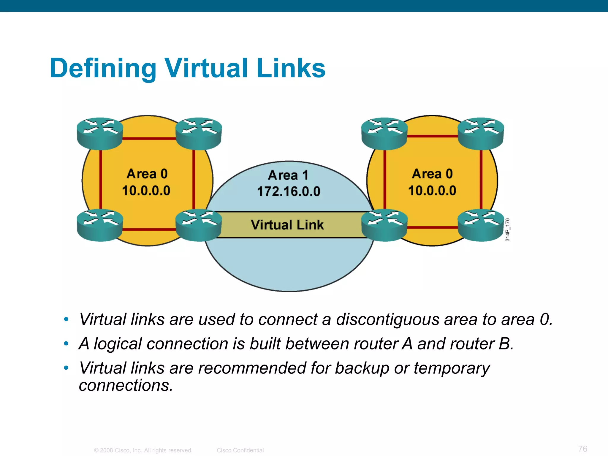 Defining Virtual Links




 • Virtual links are used to connect a discontiguous area to area 0.
 • A logical connection is built between router A and router B.
 • Virtual links are recommended for backup or temporary
   connections.


     © 2008 Cisco, Inc. All rights reserved.   Cisco Confidential      76
 