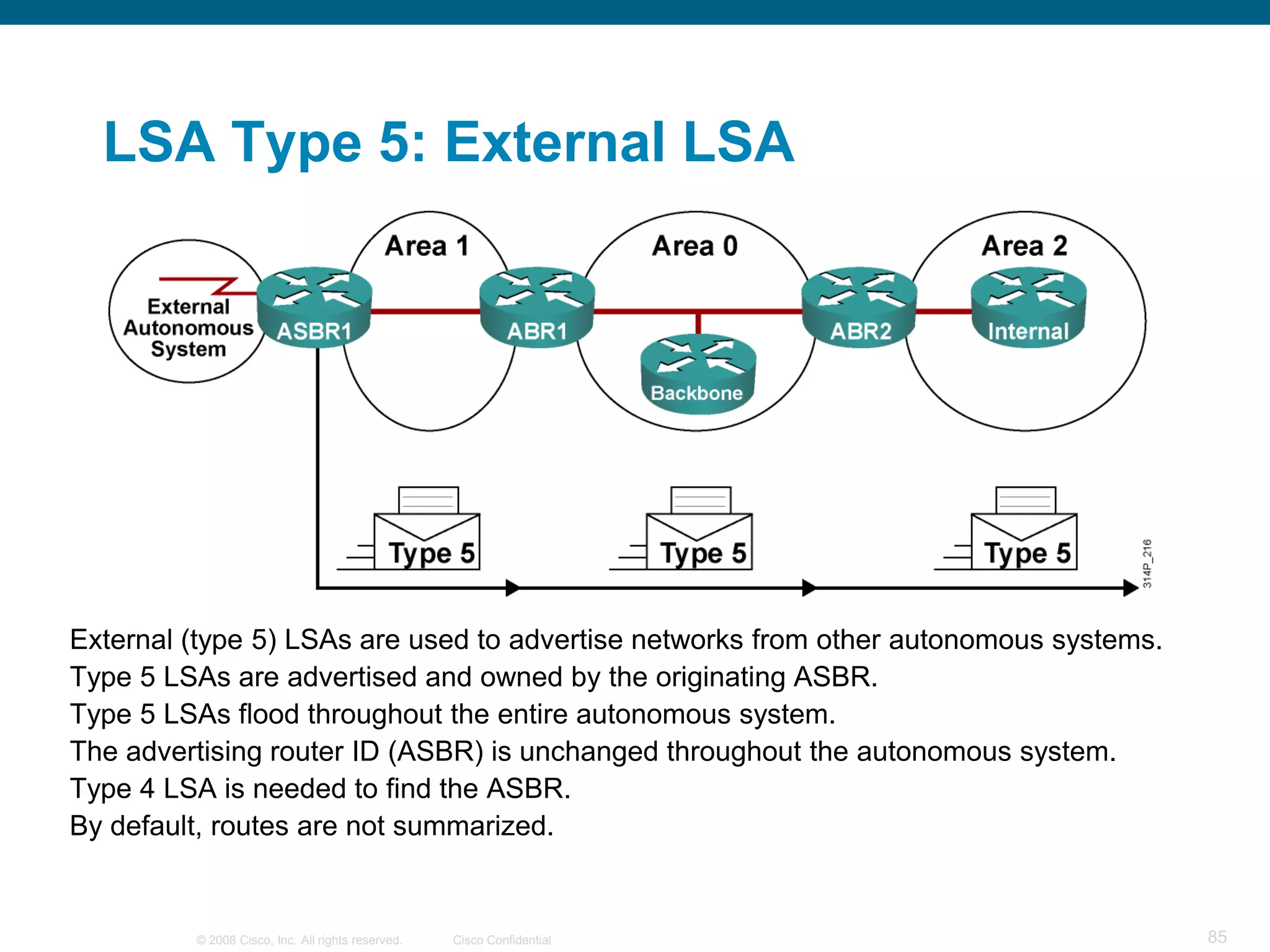LSA Type 5: External LSA




External (type 5) LSAs are used to advertise networks from other autonomous systems.
Type 5 LSAs are advertised and owned by the originating ASBR.
Type 5 LSAs flood throughout the entire autonomous system.
The advertising router ID (ASBR) is unchanged throughout the autonomous system.
Type 4 LSA is needed to find the ASBR.
By default, routes are not summarized.


         © 2008 Cisco, Inc. All rights reserved.   Cisco Confidential                  85
 