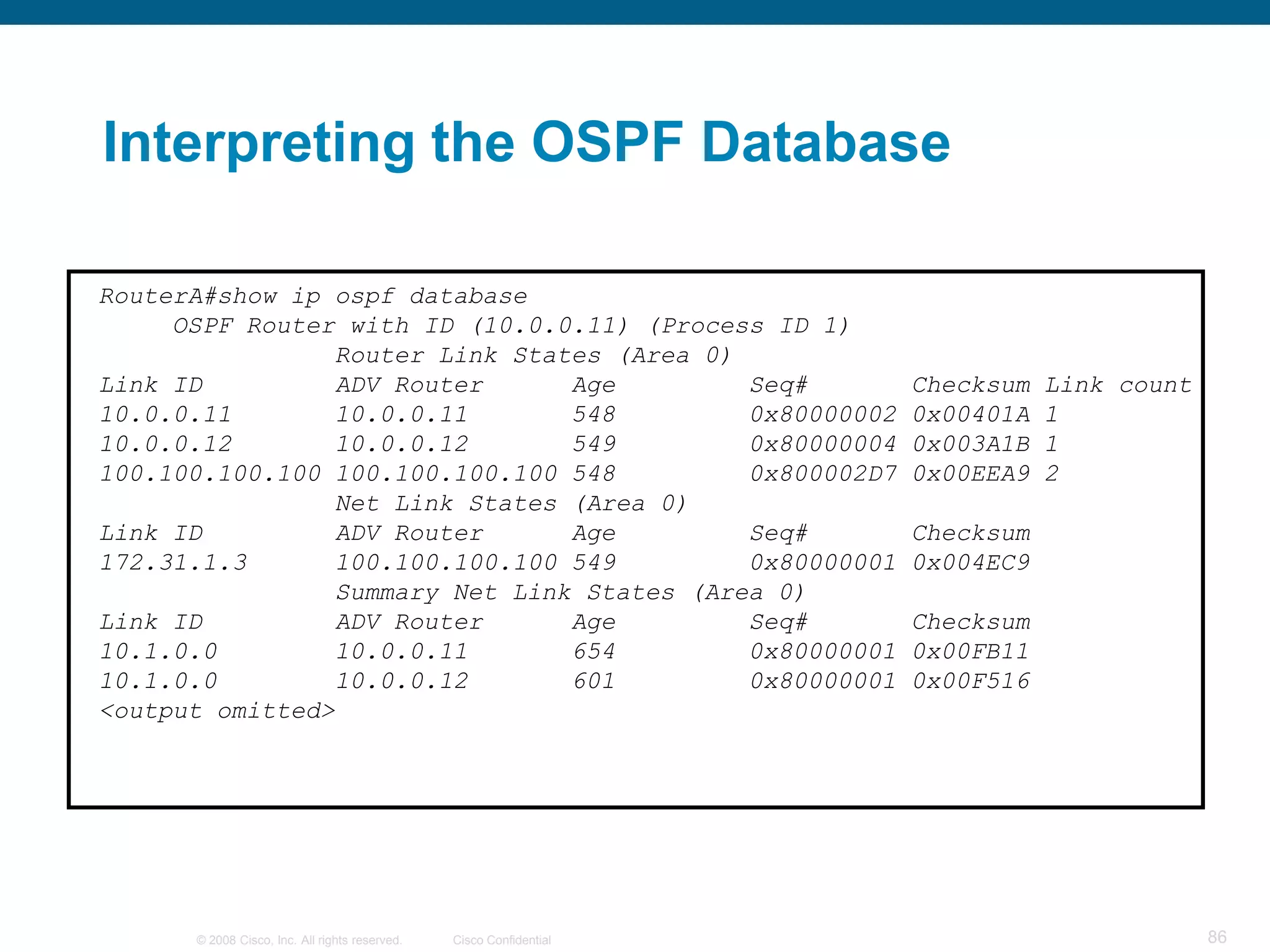 Interpreting the OSPF Database

RouterA#show ip ospf database
     OSPF Router with ID (10.0.0.11) (Process ID 1)
                Router Link States (Area 0)
Link ID         ADV Router      Age         Seq#                     Checksum   Link count
10.0.0.11       10.0.0.11       548         0x80000002               0x00401A   1
10.0.0.12       10.0.0.12       549         0x80000004               0x003A1B   1
100.100.100.100 100.100.100.100 548         0x800002D7               0x00EEA9   2
                Net Link States (Area 0)
Link ID         ADV Router      Age         Seq#                     Checksum
172.31.1.3      100.100.100.100 549         0x80000001               0x004EC9
                Summary Net Link States (Area 0)
Link ID         ADV Router      Age         Seq#                     Checksum
10.1.0.0        10.0.0.11       654         0x80000001               0x00FB11
10.1.0.0        10.0.0.12       601         0x80000001               0x00F516
<output omitted>




      © 2008 Cisco, Inc. All rights reserved.   Cisco Confidential                           86
 