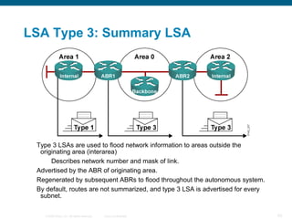 LSA Type 3: Summary LSA




 Type 3 LSAs are used to flood network information to areas outside the
  originating area (in...
