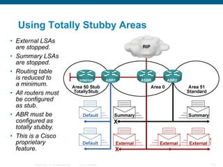 Using Totally Stubby Areas
• External LSAs
  are stopped.
• Summary LSAs
  are stopped.
• Routing table
  is reduced to
  a minimum.
• All routers must
  be configured
  as stub.
• ABR must be
  configured as
  totally stubby.
• This is a Cisco
  proprietary
  feature.

         © 2008 Cisco, Inc. All rights reserved.   Cisco Confidential   110
 