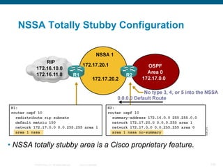 NSSA Totally Stubby Configuration




• NSSA totally stubby area is a Cisco proprietary feature.

        © 2008 Cisco, Inc. All rights reserved.   Cisco Confidential   120
 