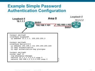Example Simple Password
Authentication Configuration
                                                                  Loopback 0
                                                                      10.2.2.2




   © 2008 Cisco, Inc. All rights reserved.   Cisco Confidential                  126
 